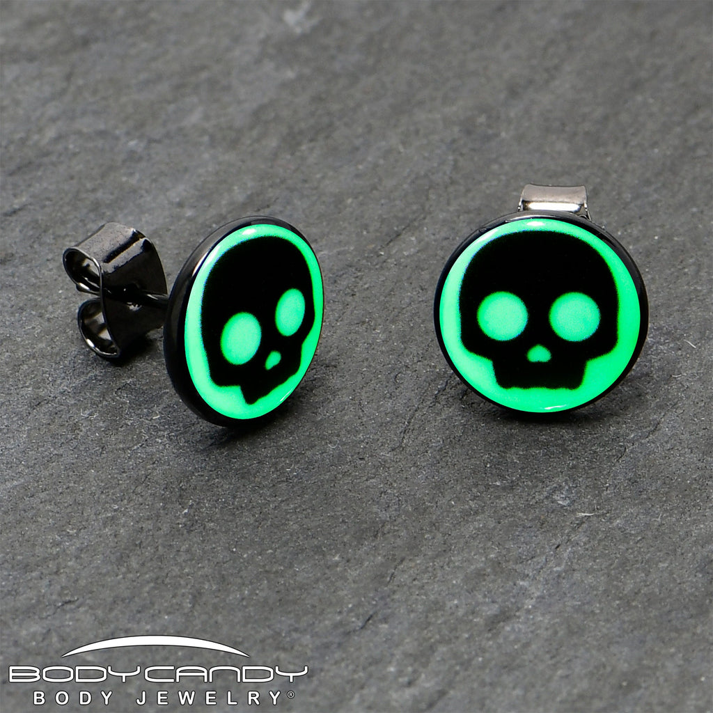 BodyCandy Simple Skull Glow in the Dark Stud Earrings by Onyx O — side view