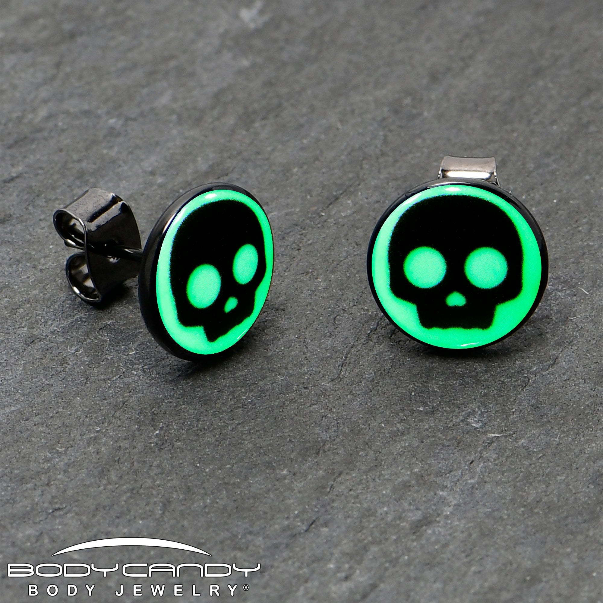 BodyCandy Simple Skull Glow in the Dark Stud Earrings by Onyx O — side view