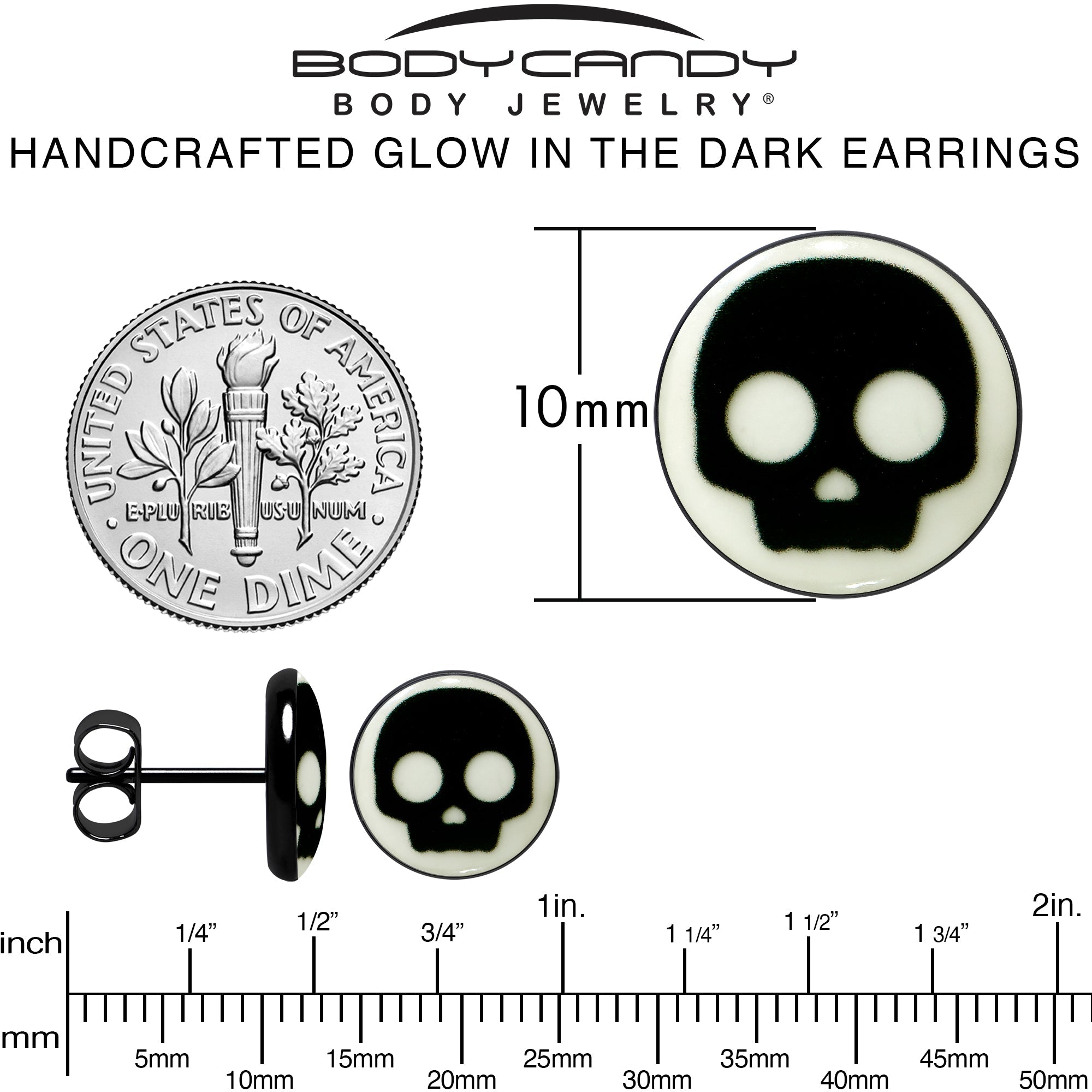 BodyCandy Simple Skull Glow in the Dark Stud Earrings by Onyx O — alternative angle