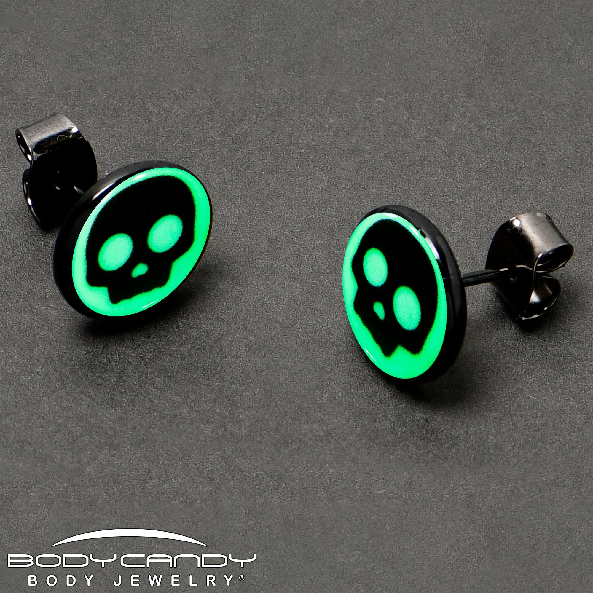 BodyCandy Simple Skull Glow in the Dark Stud Earrings by Onyx O — size reference