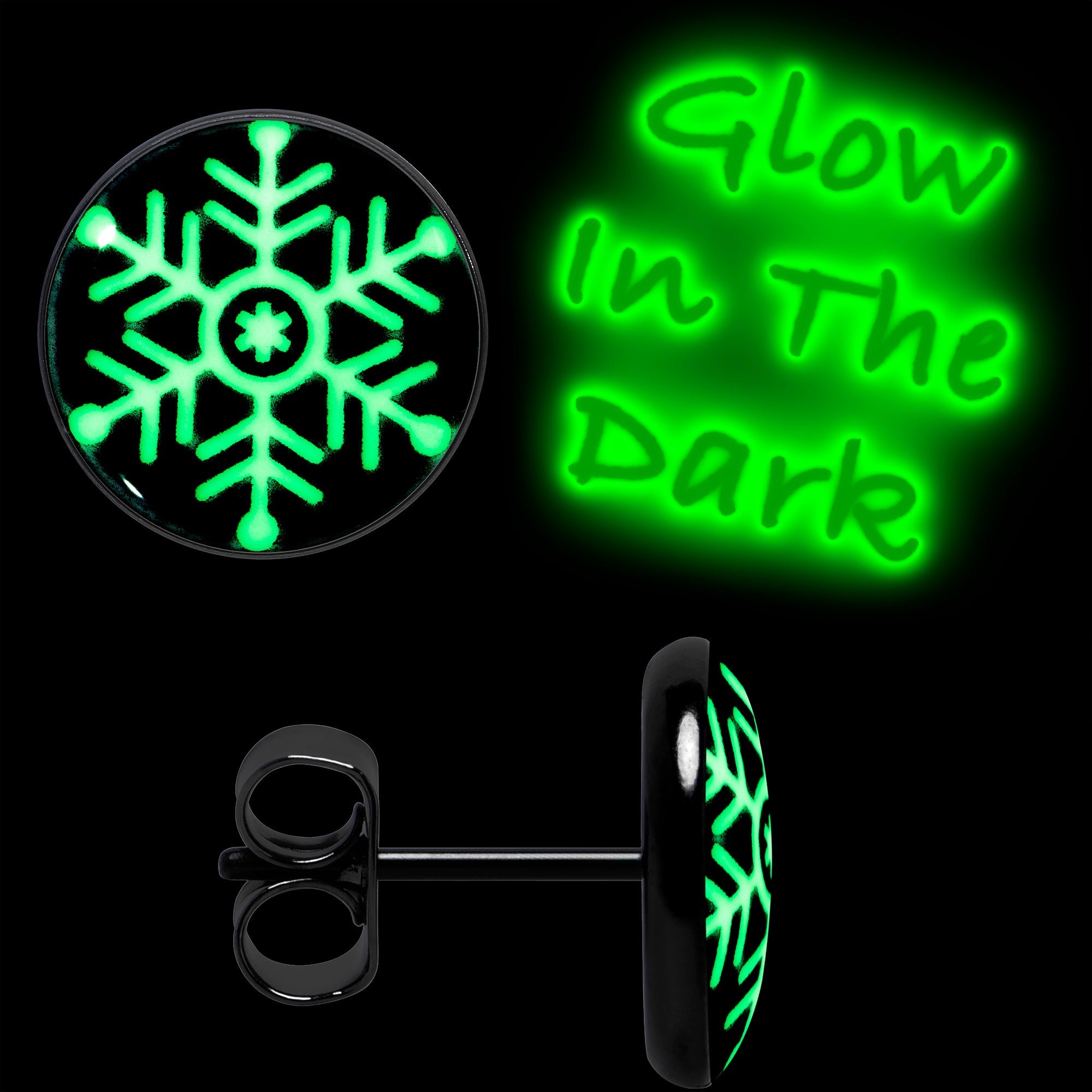 BodyCandy Black Anodized Glow in the Dark Holiday Snowflake Stud Earrings by Onyx O — lifestyle context