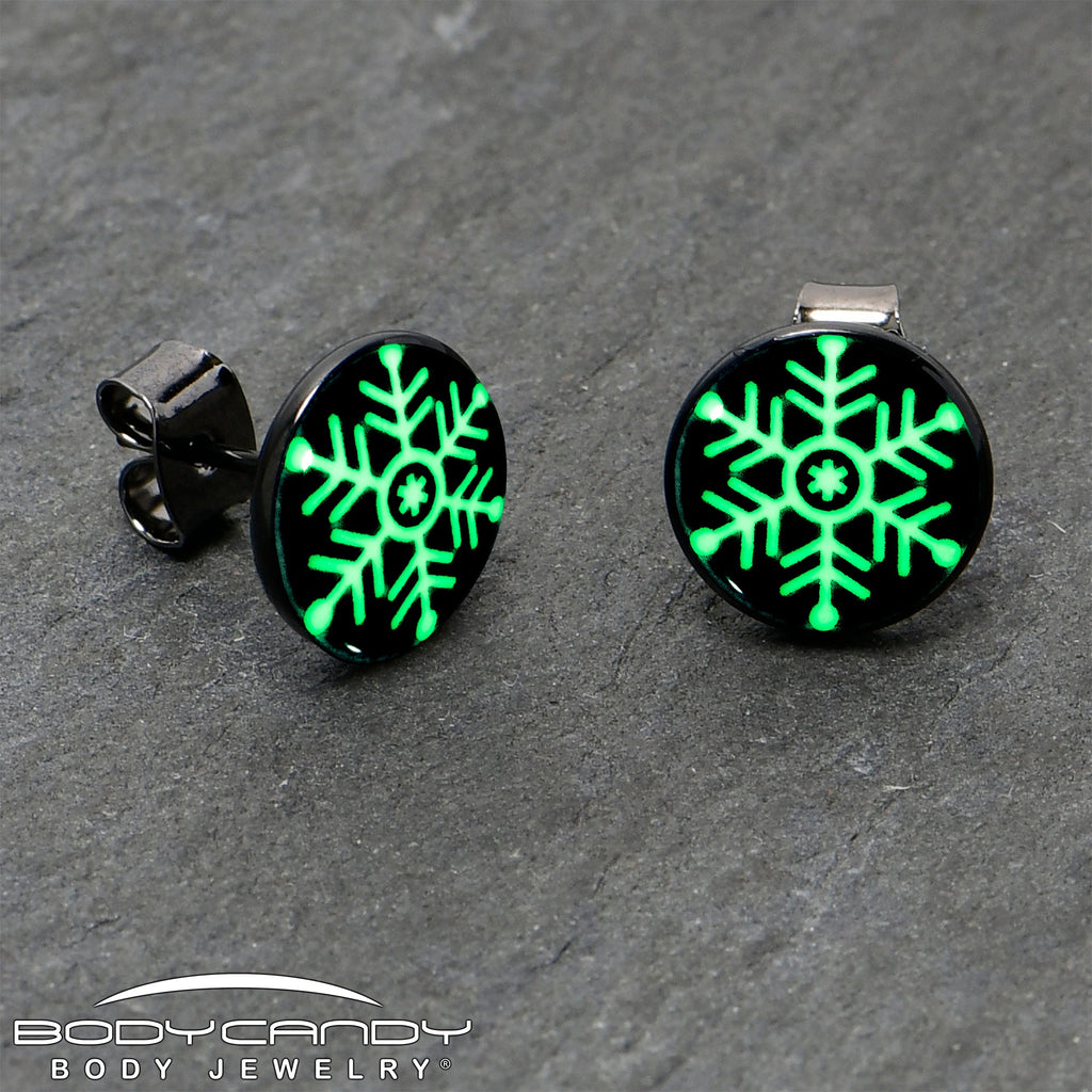 BodyCandy Black Anodized Glow in the Dark Holiday Snowflake Stud Earrings by Onyx O — side view