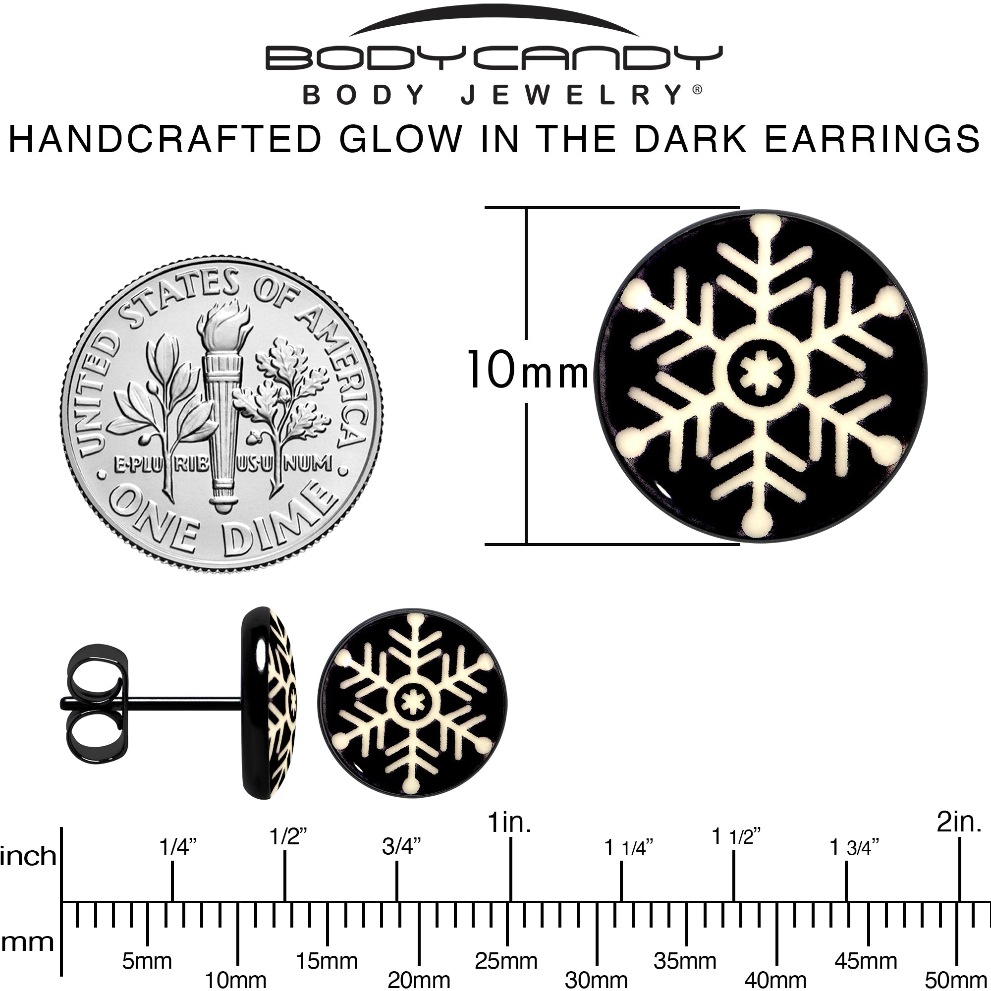 BodyCandy Black Anodized Glow in the Dark Holiday Snowflake Stud Earrings by Onyx O — alternative angle
