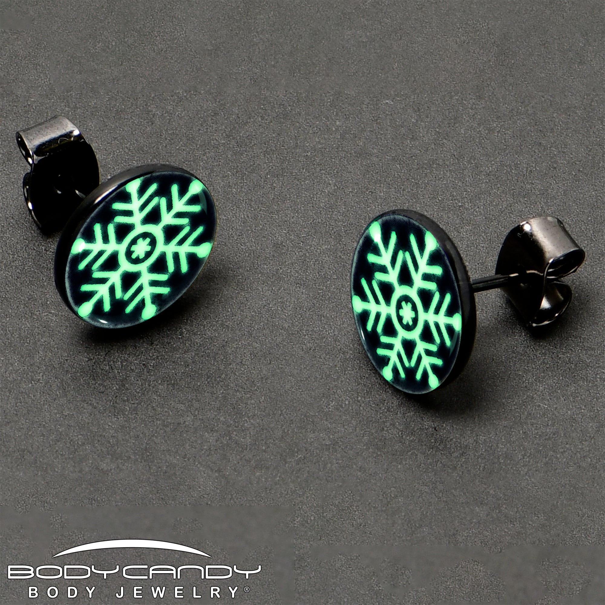 BodyCandy Black Anodized Glow in the Dark Holiday Snowflake Stud Earrings by Onyx O — size reference