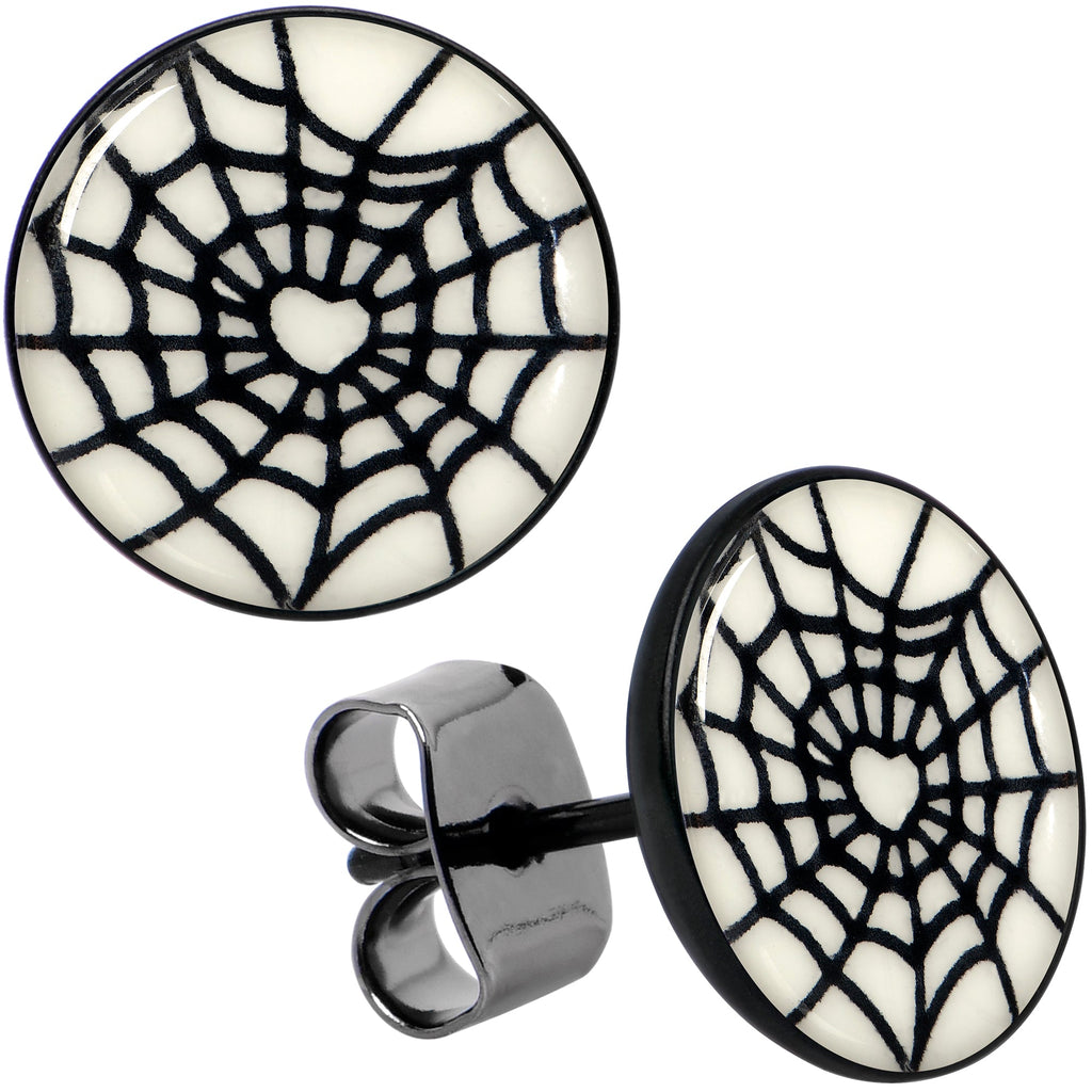 BodyCandy Black Anodized Steel Heart Spider Web Glow in the Dark Stud Earrings by Onyx O — color detail