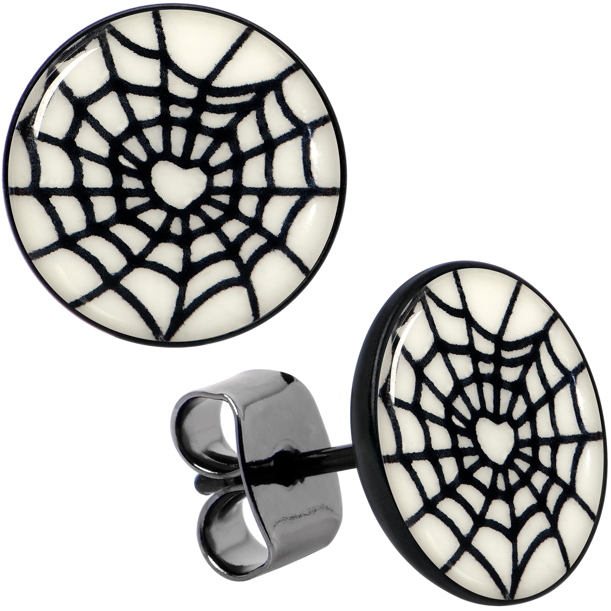 BodyCandy Black Anodized Steel Heart Spider Web Glow in the Dark Stud Earrings by Onyx O — color detail