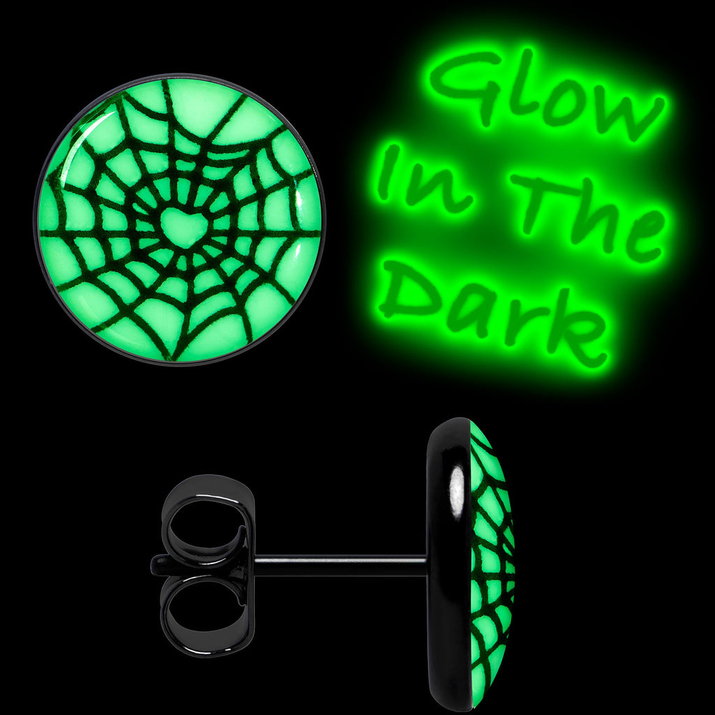BodyCandy Black Anodized Steel Heart Spider Web Glow in the Dark Stud Earrings by Onyx O — back view