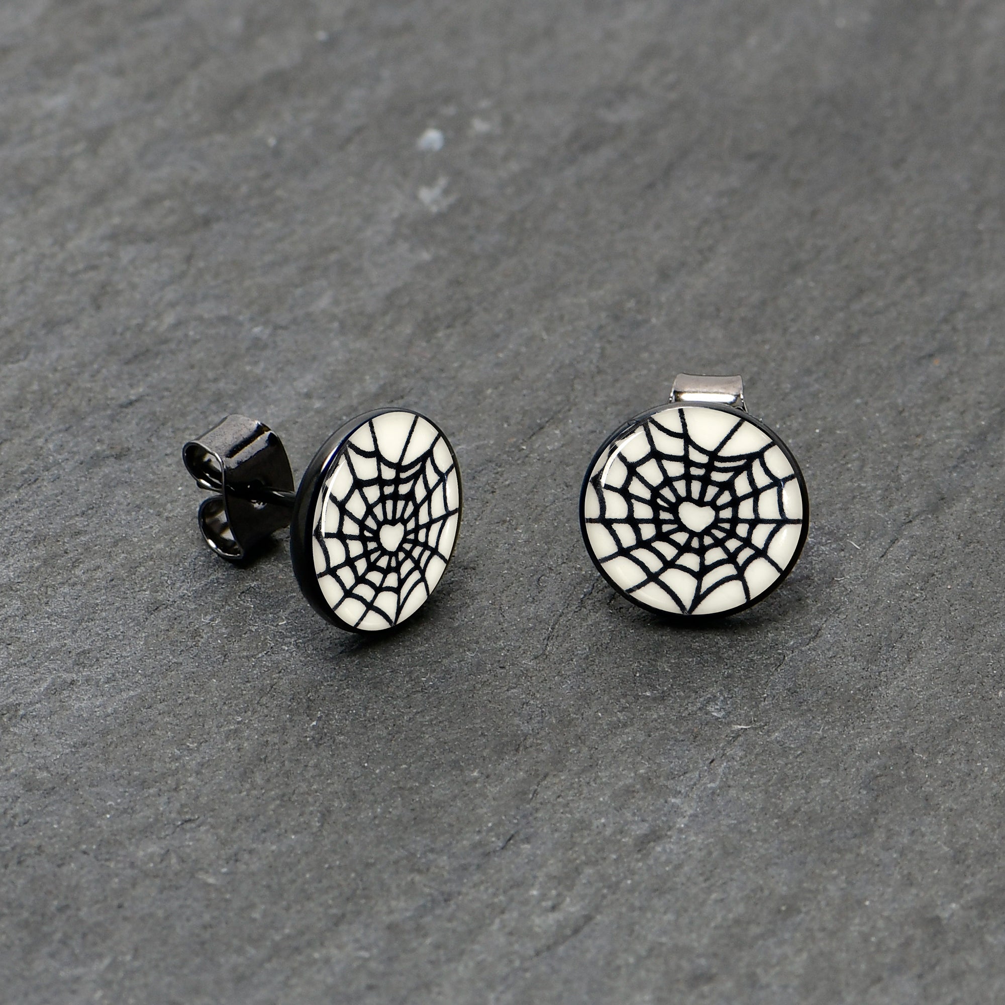 BodyCandy Black Anodized Steel Heart Spider Web Glow in the Dark Stud Earrings by Onyx O — alternative angle