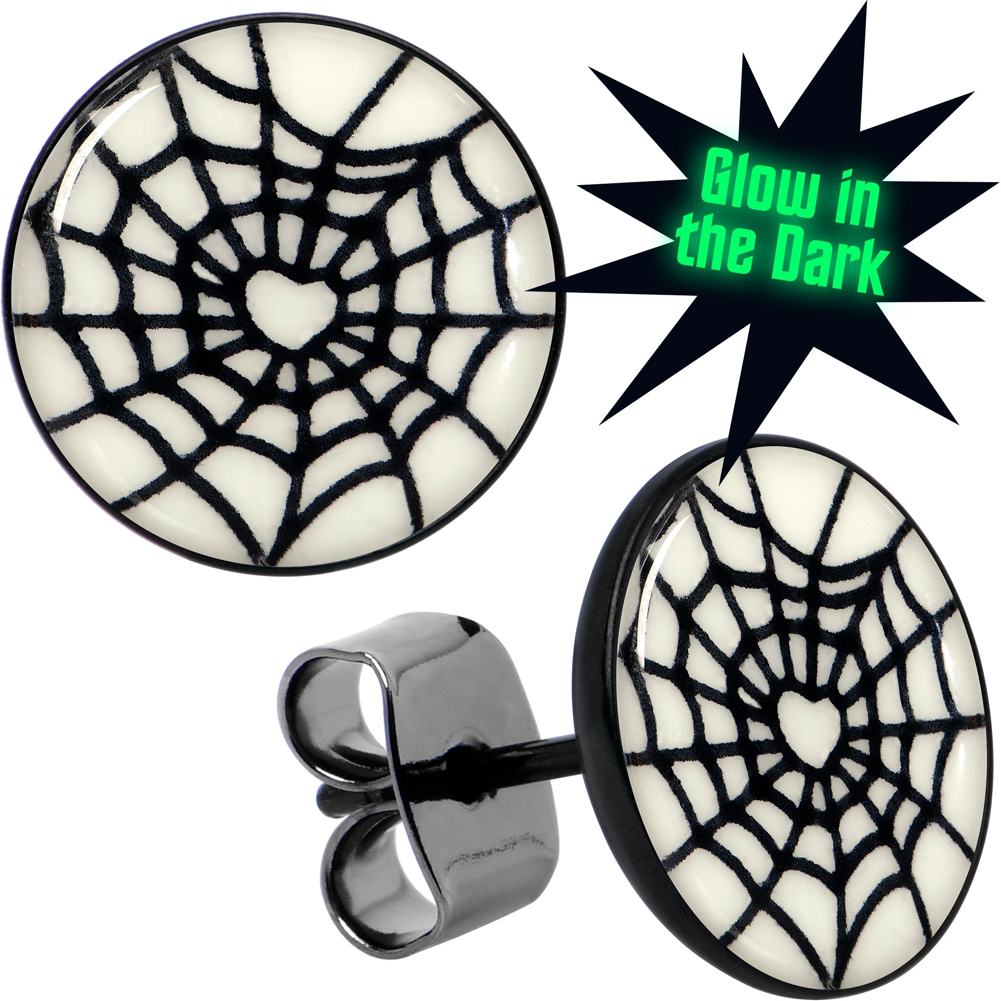 BodyCandy Black Anodized Steel Heart Spider Web Glow in the Dark Stud Earrings by Onyx O — main product shot