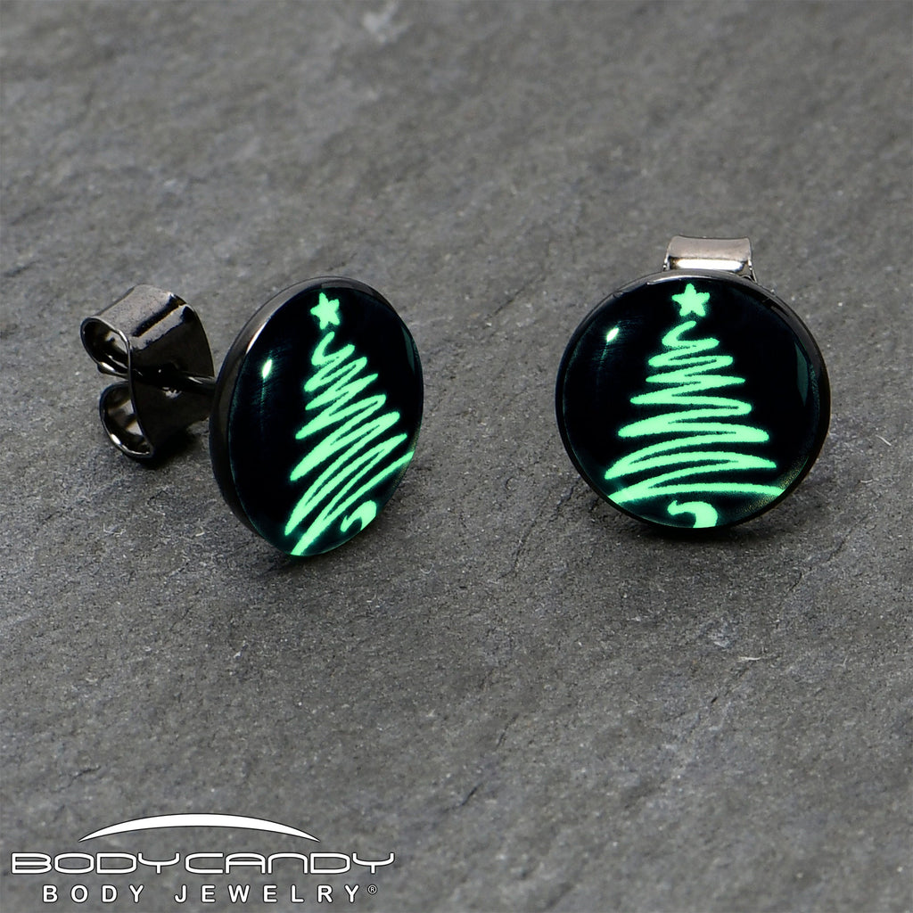 BodyCandy Black Anodized Glow in the Dark Holiday Christmas Tree Stud Earrings by Onyx O — side view