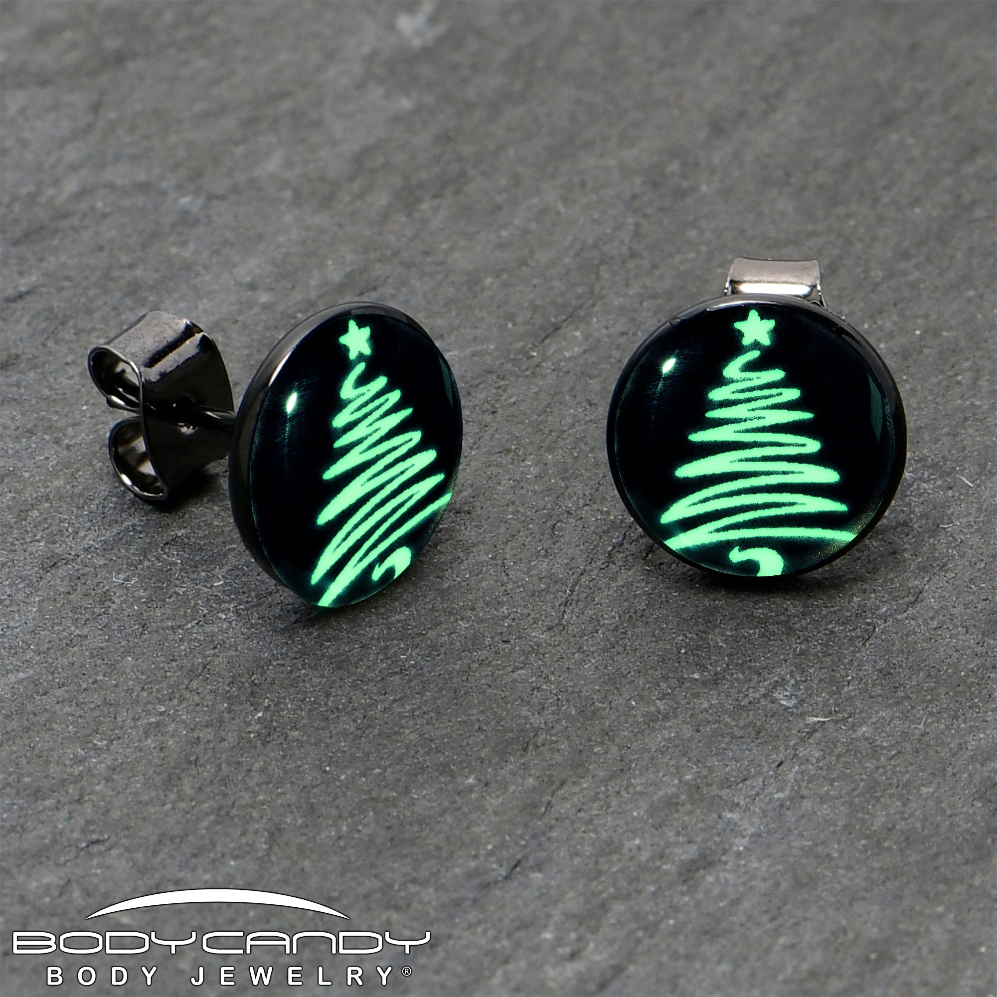 BodyCandy Black Anodized Glow in the Dark Holiday Christmas Tree Stud Earrings by Onyx O — side view