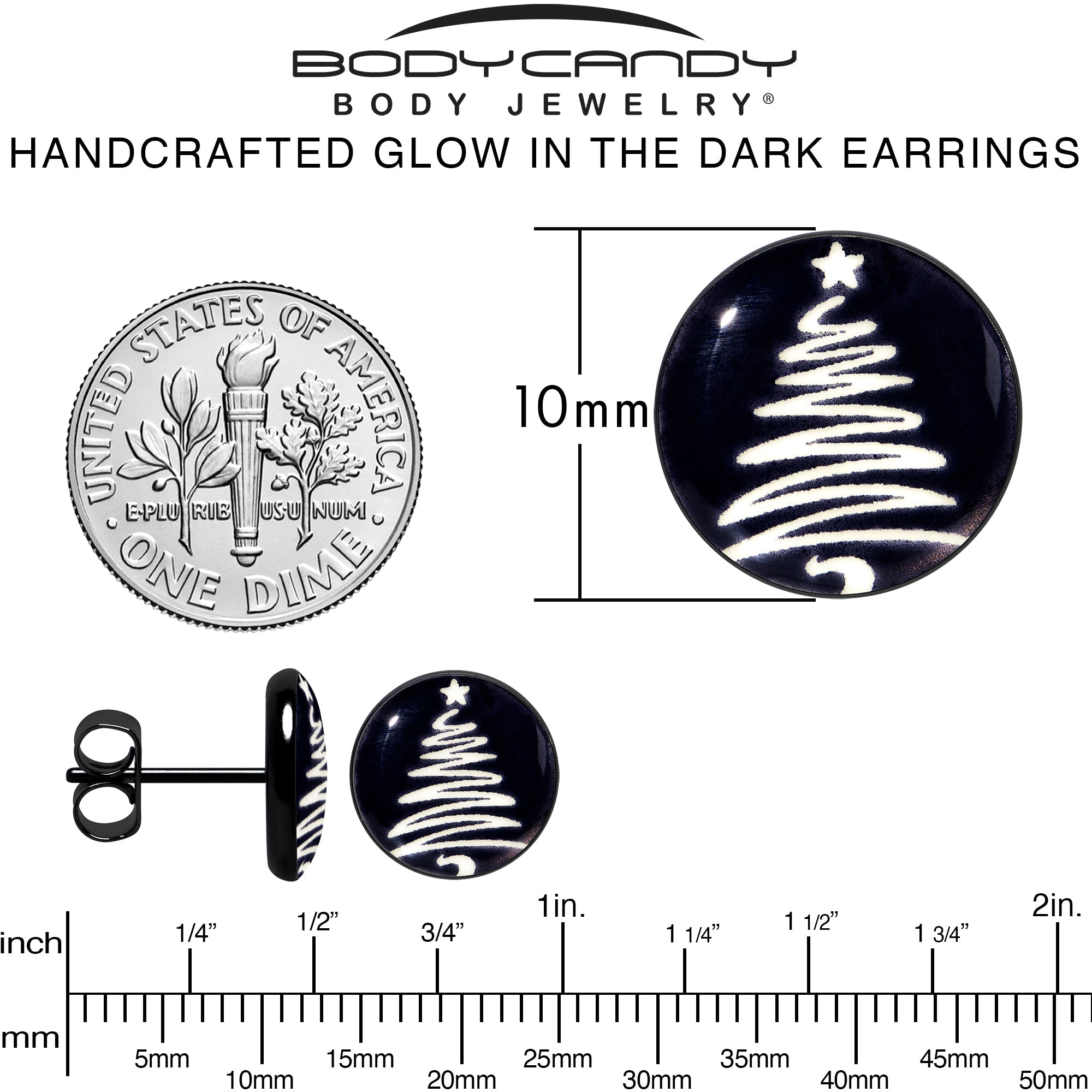 BodyCandy Black Anodized Glow in the Dark Holiday Christmas Tree Stud Earrings by Onyx O — alternative angle