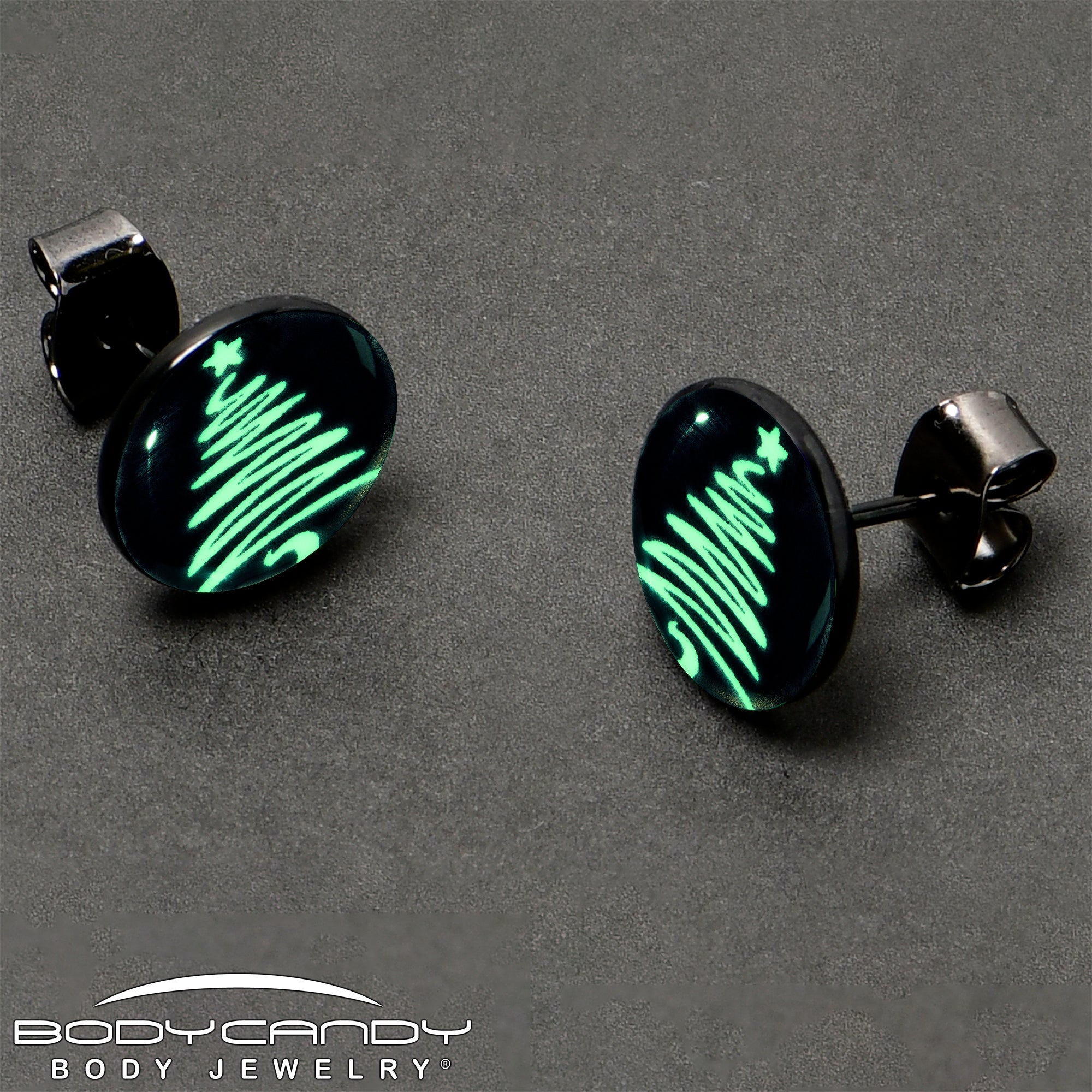 BodyCandy Black Anodized Glow in the Dark Holiday Christmas Tree Stud Earrings by Onyx O — size reference