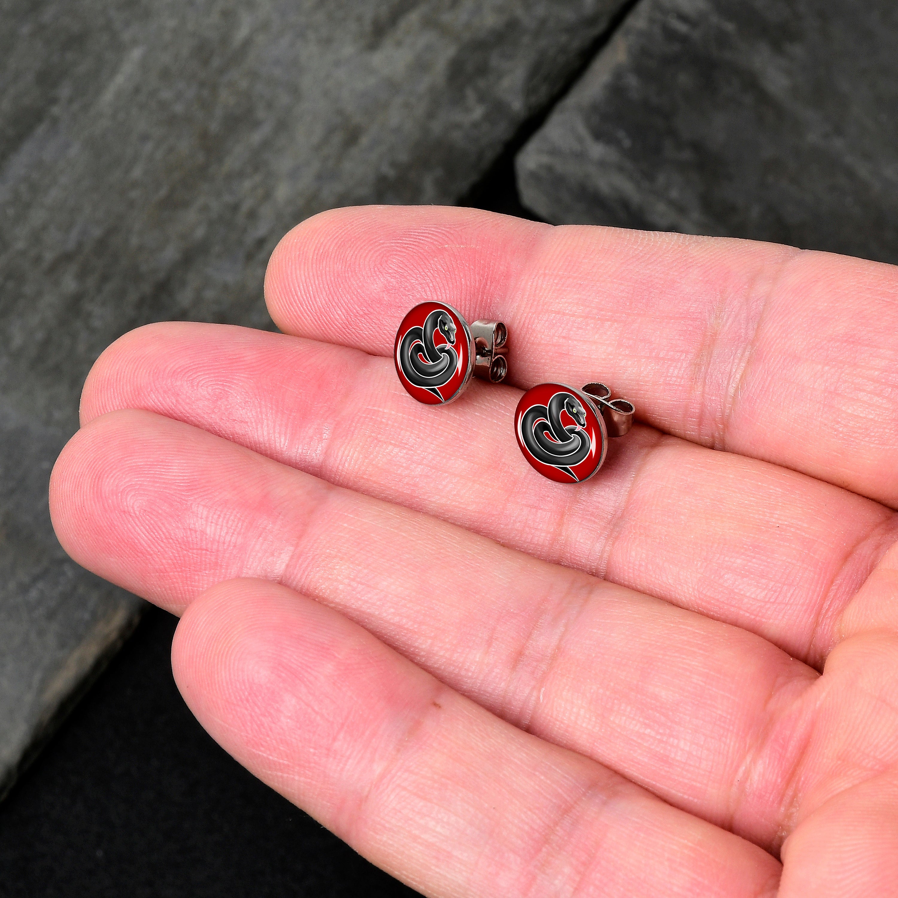 BodyCandy Black Snake Stud Earrings by Onyx O — detail close-up