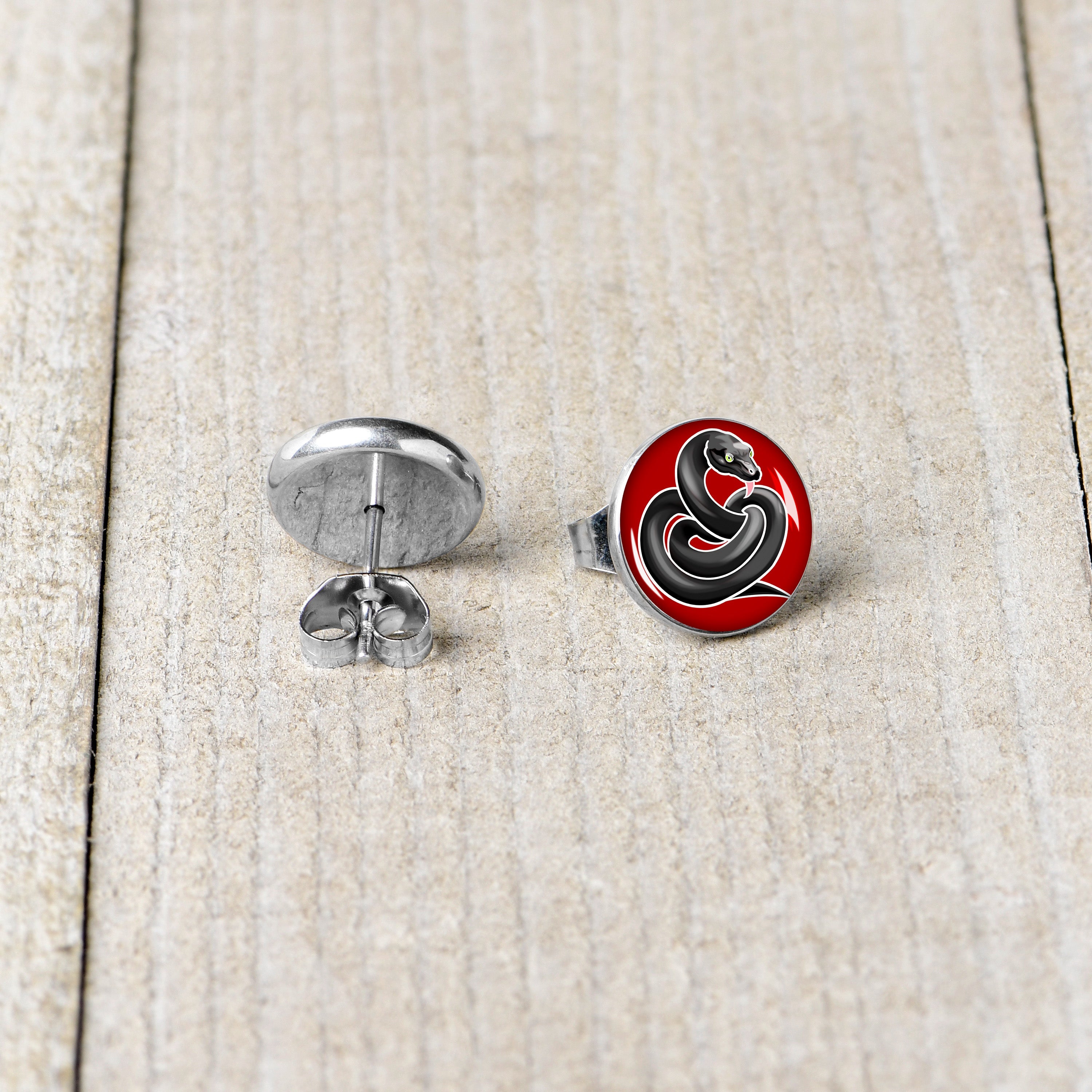 BodyCandy Black Snake Stud Earrings by Onyx O — back view