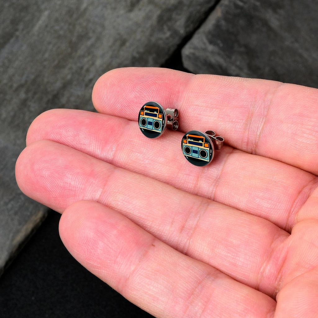 BodyCandy Retro Boombox Stud Earrings by Onyx O — detail close-up
