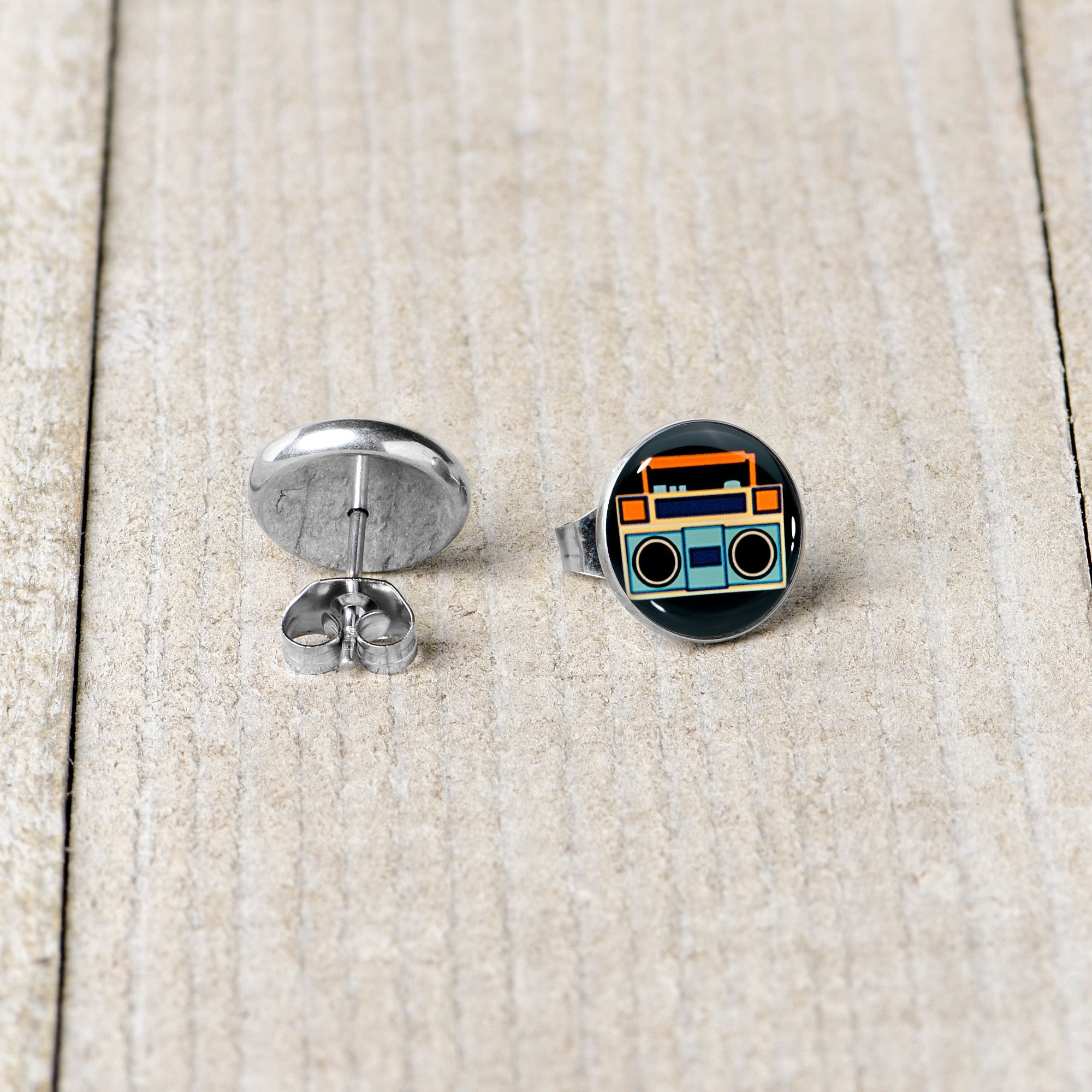 BodyCandy Retro Boombox Stud Earrings by Onyx O — back view