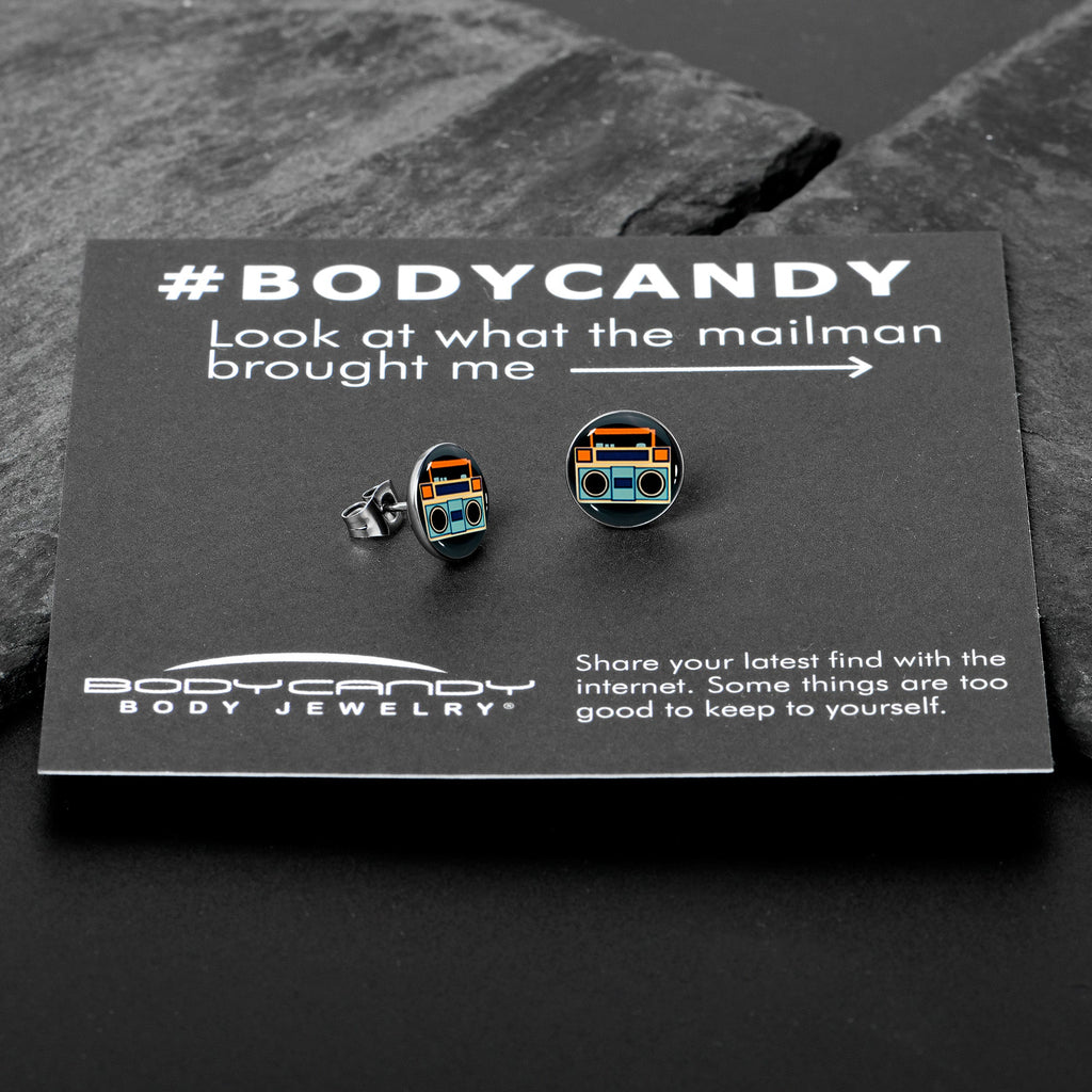 BodyCandy Retro Boombox Stud Earrings by Onyx O — in-use photo
