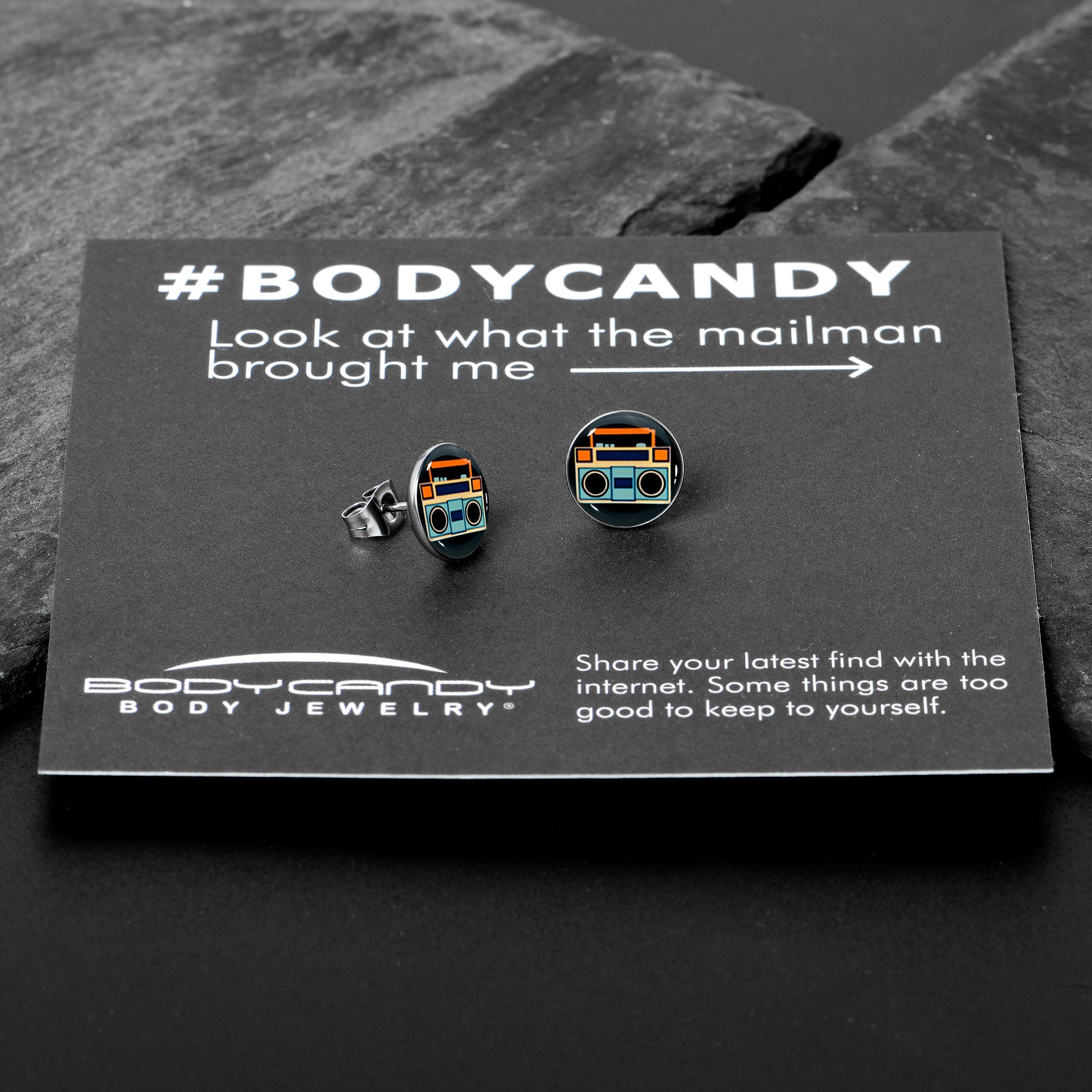 BodyCandy Retro Boombox Stud Earrings by Onyx O — in-use photo