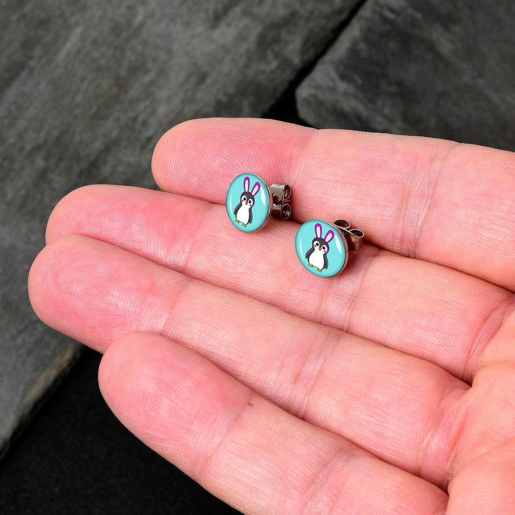 BodyCandy Bunny Penguin Stud Earrings by Onyx O — detail close-up