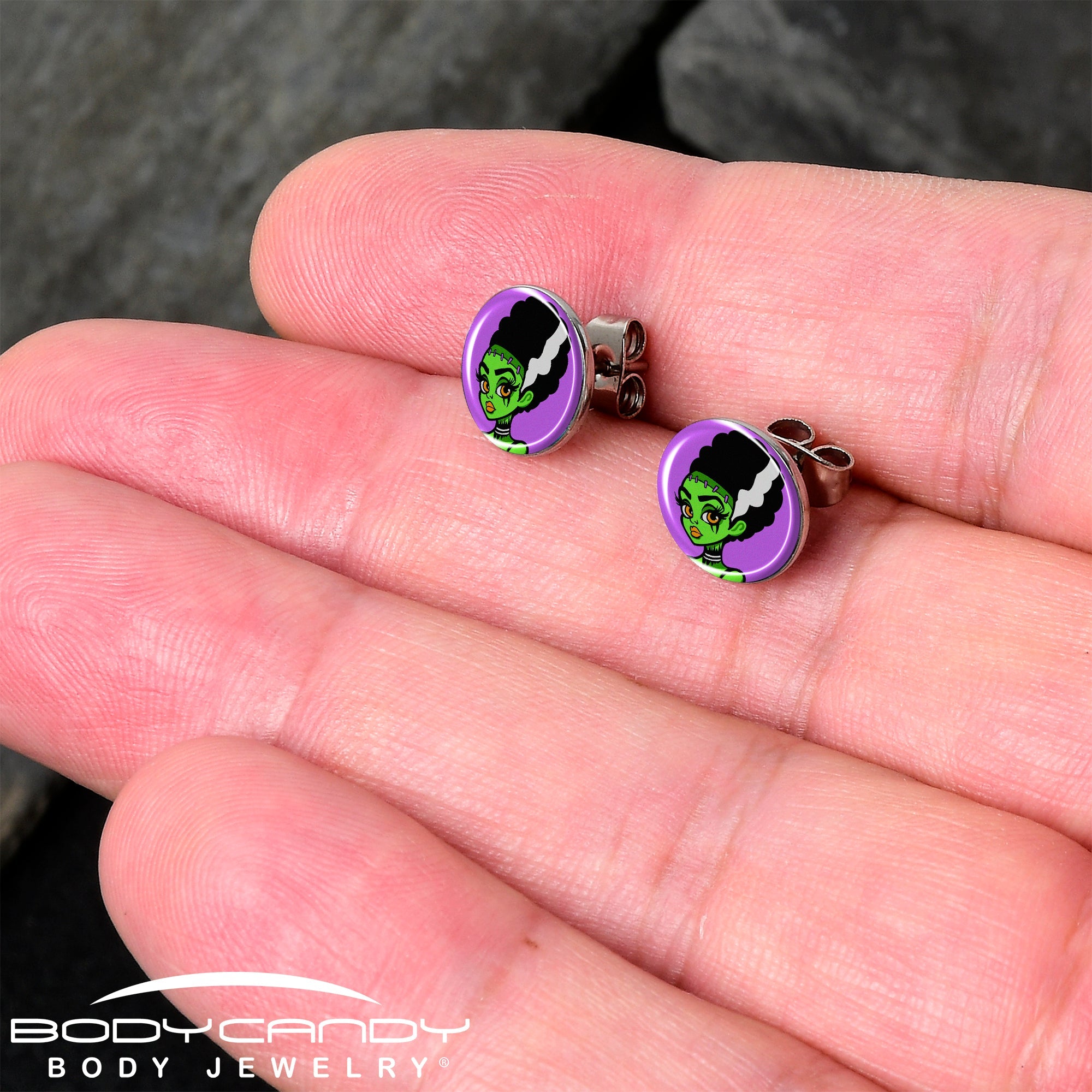 BodyCandy Bride of Frankenstein Stud Earrings by Onyx O — detail close-up