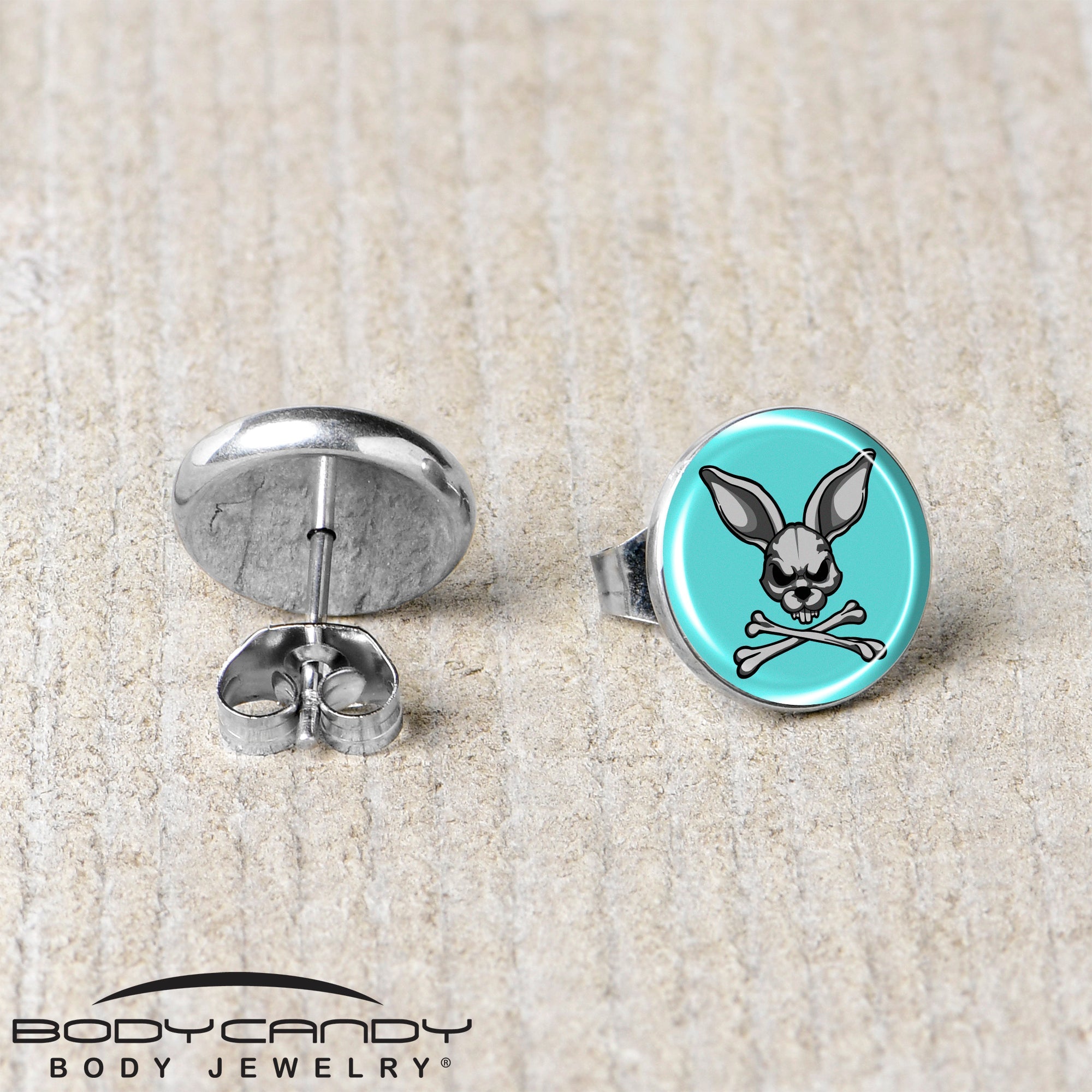 BodyCandy Bunny and Crossbones Stud Earrings by Onyx O — back view