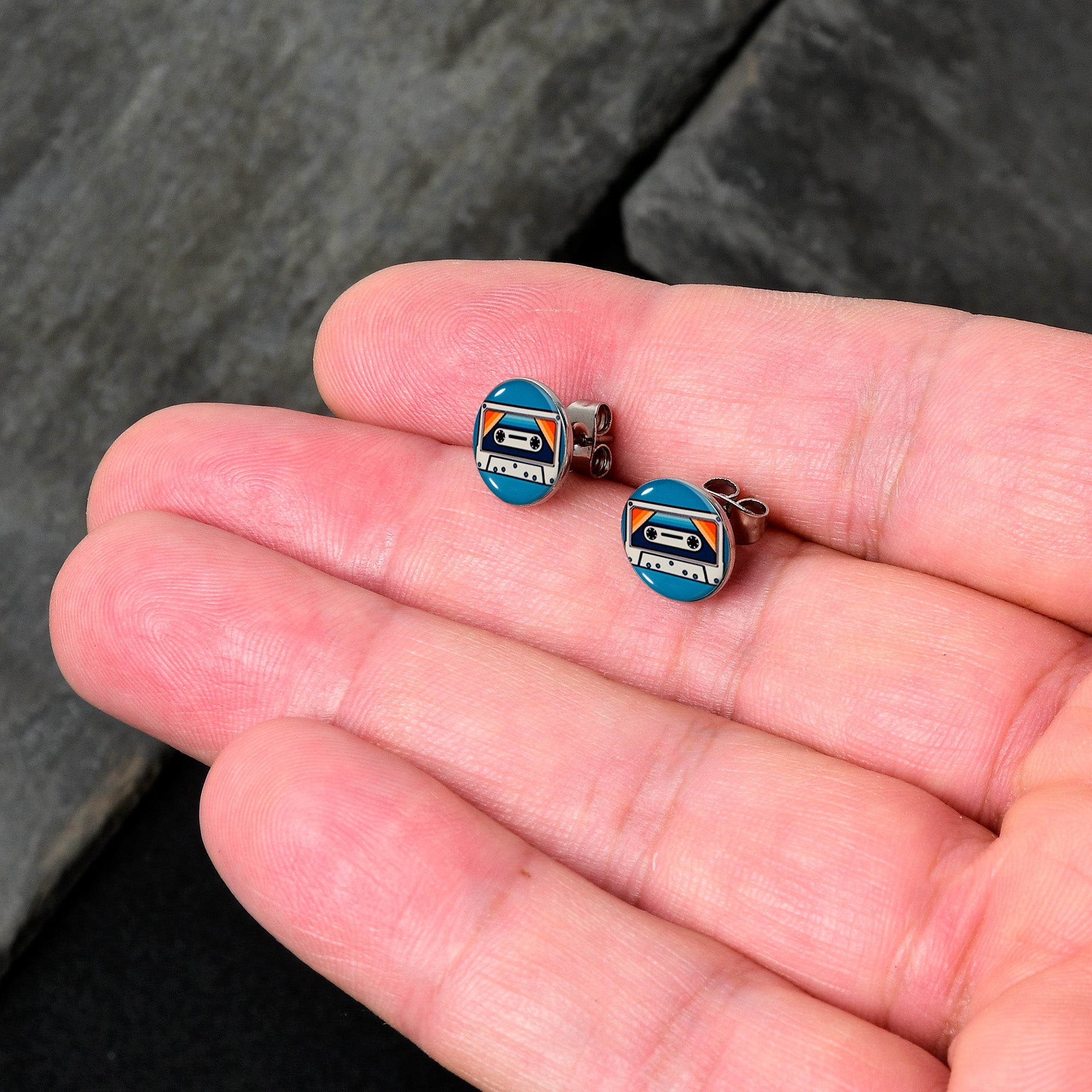 BodyCandy Retro Cassette Tape Stud Earrings by Onyx O — detail close-up