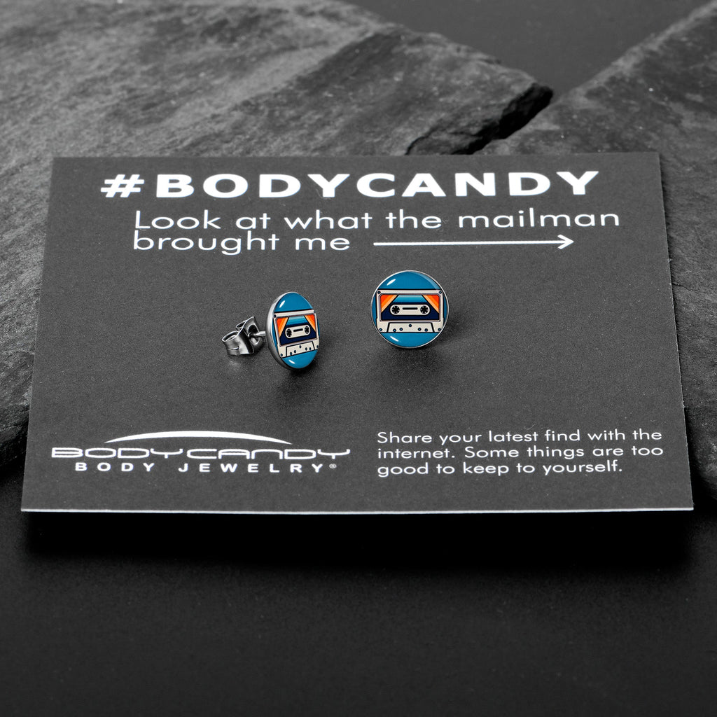 BodyCandy Retro Cassette Tape Stud Earrings by Onyx O — in-use photo