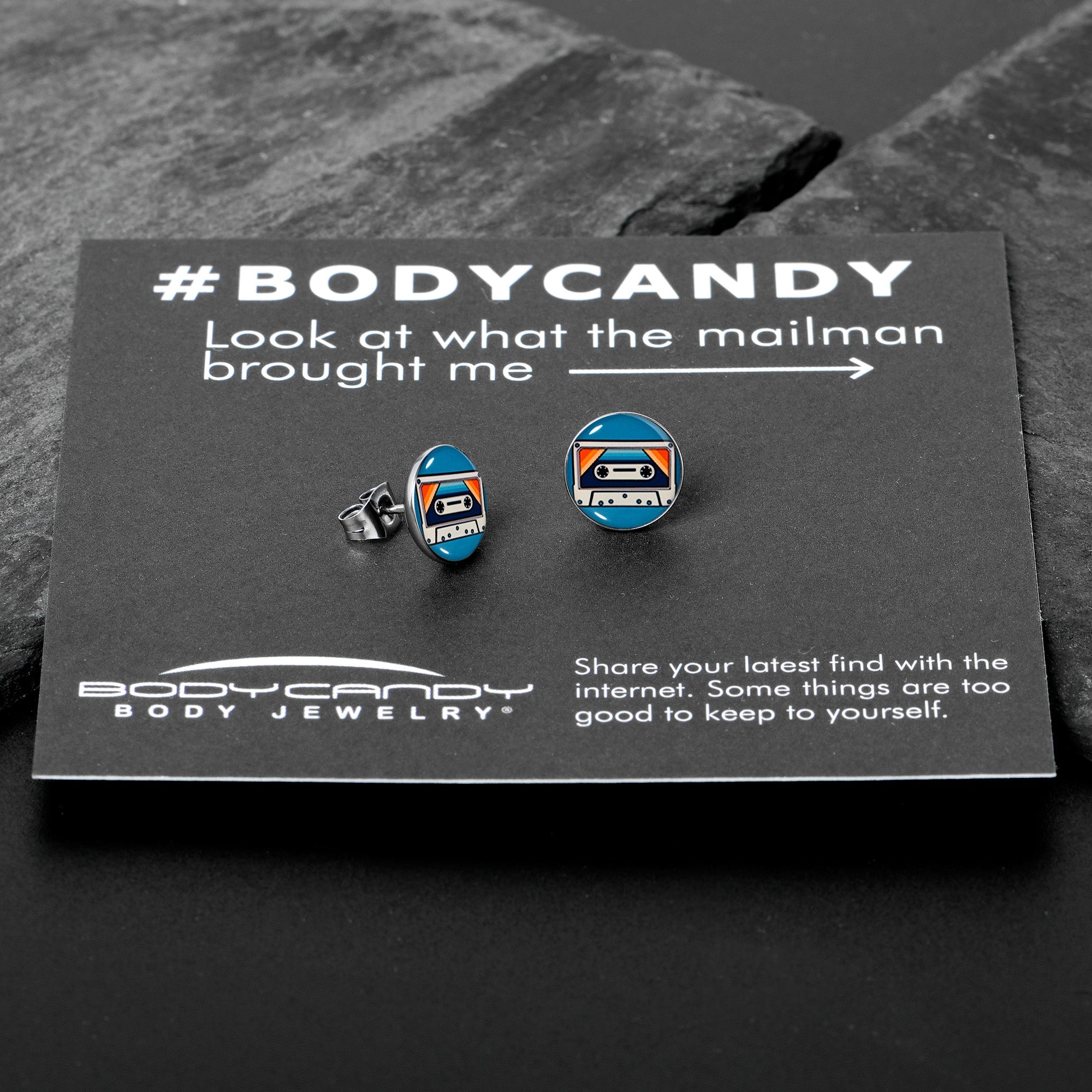 BodyCandy Retro Cassette Tape Stud Earrings by Onyx O — in-use photo