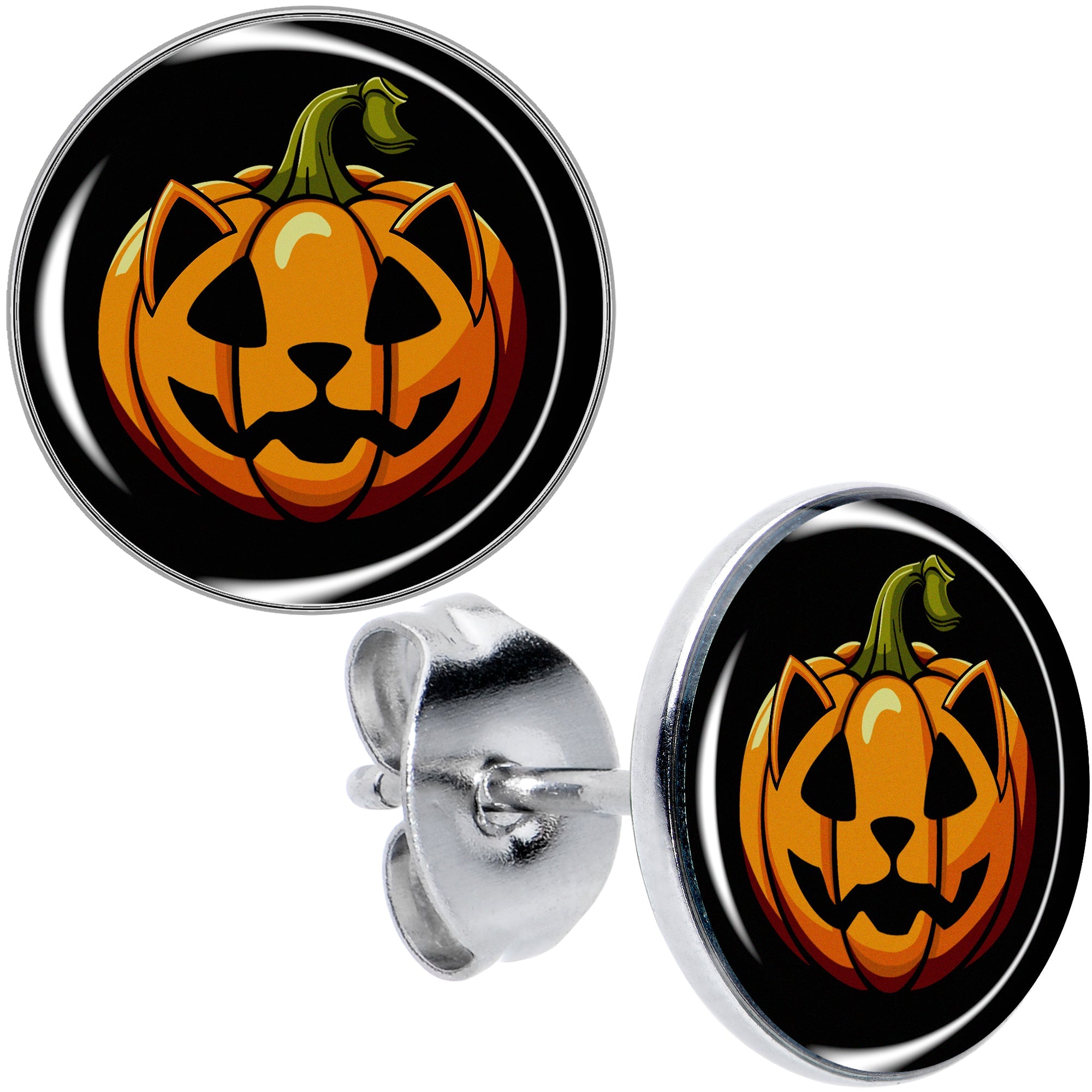 BodyCandy Orange Pumpkin Cat Jack-O-Lantern Stud Earrings by Onyx O — main product shot