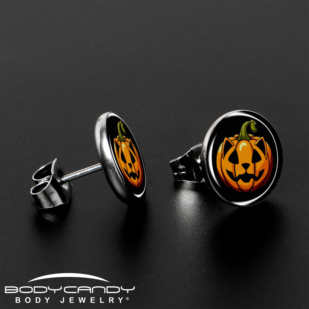 BodyCandy Orange Pumpkin Cat Jack-O-Lantern Stud Earrings by Onyx O — lifestyle context
