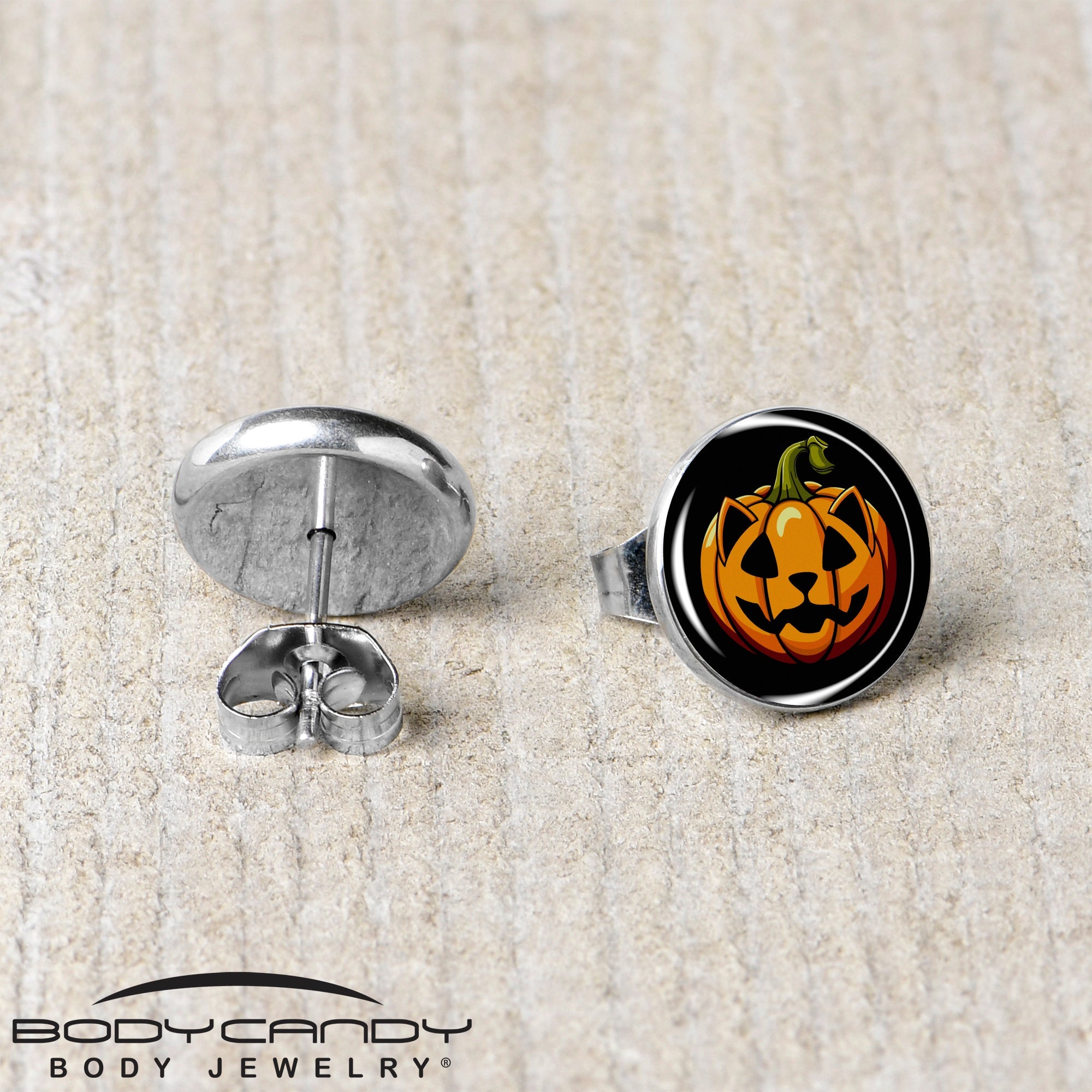 BodyCandy Orange Pumpkin Cat Jack-O-Lantern Stud Earrings by Onyx O — back view