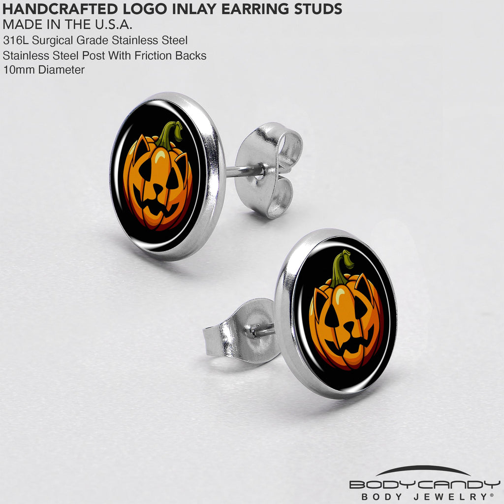 BodyCandy Orange Pumpkin Cat Jack-O-Lantern Stud Earrings by Onyx O — in-use photo