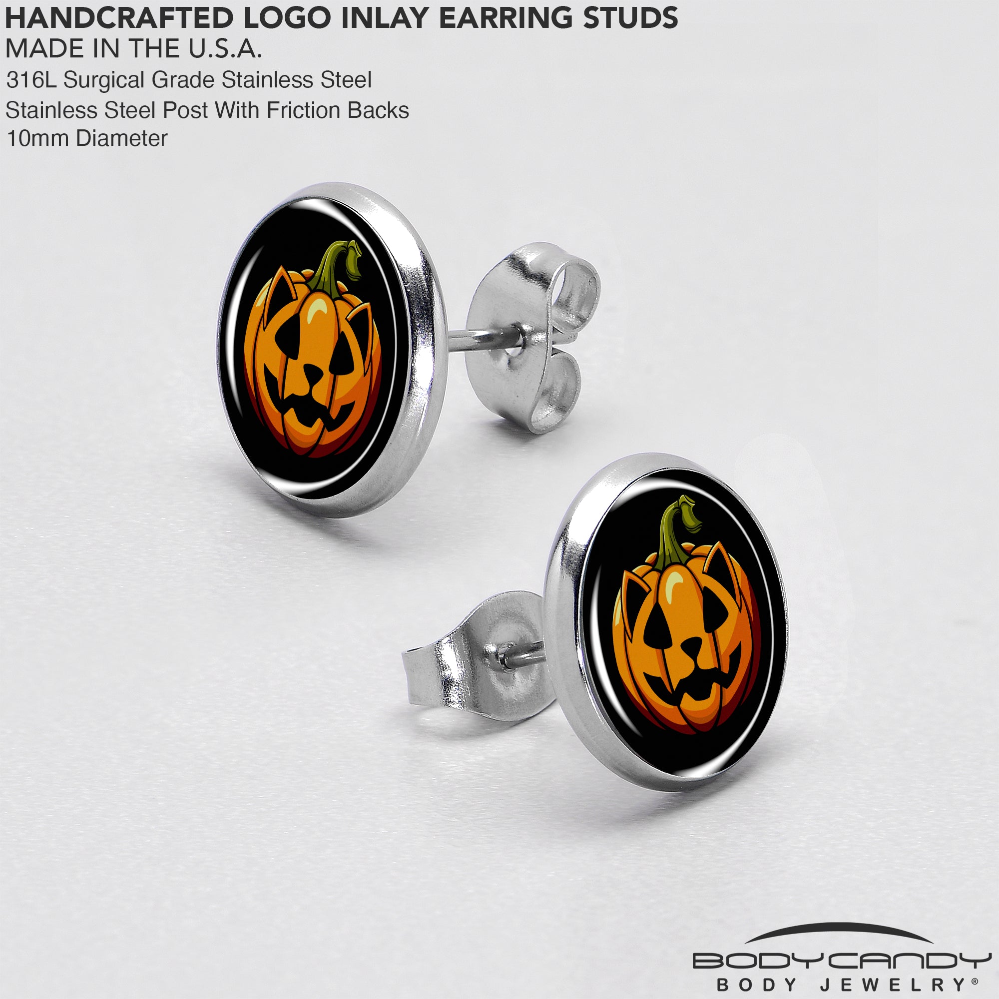 BodyCandy Orange Pumpkin Cat Jack-O-Lantern Stud Earrings by Onyx O — in-use photo