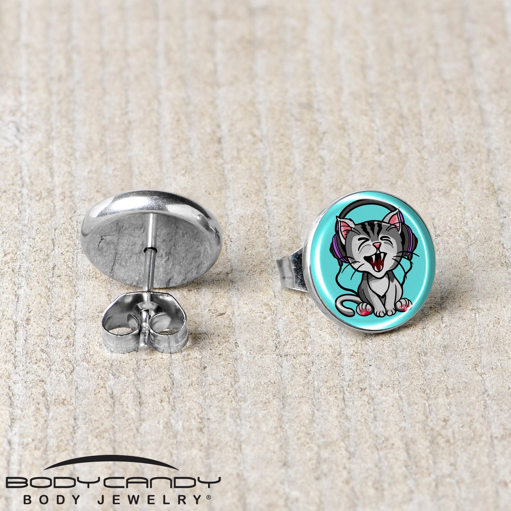 BodyCandy Heavy Metal Kitty Cat Stud Earrings by Onyx O — back view