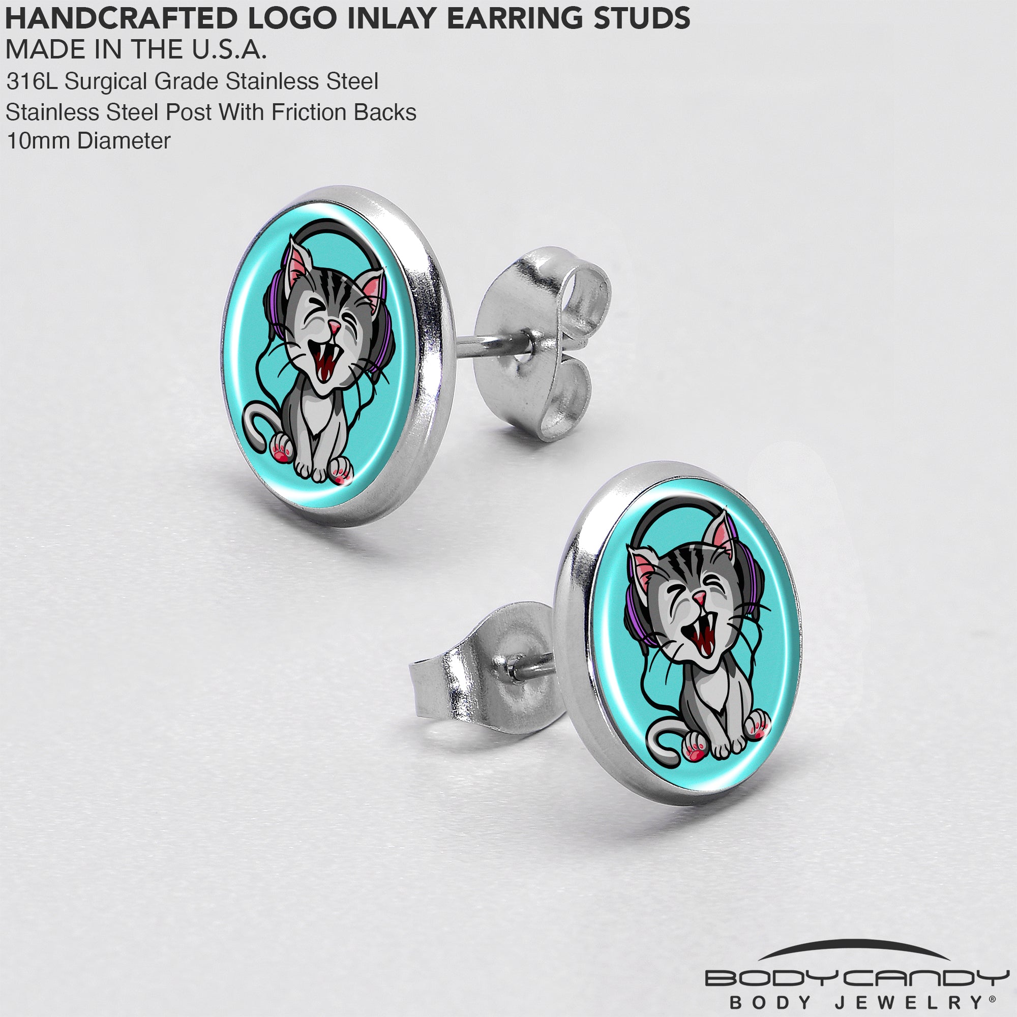 BodyCandy Heavy Metal Kitty Cat Stud Earrings by Onyx O — in-use photo
