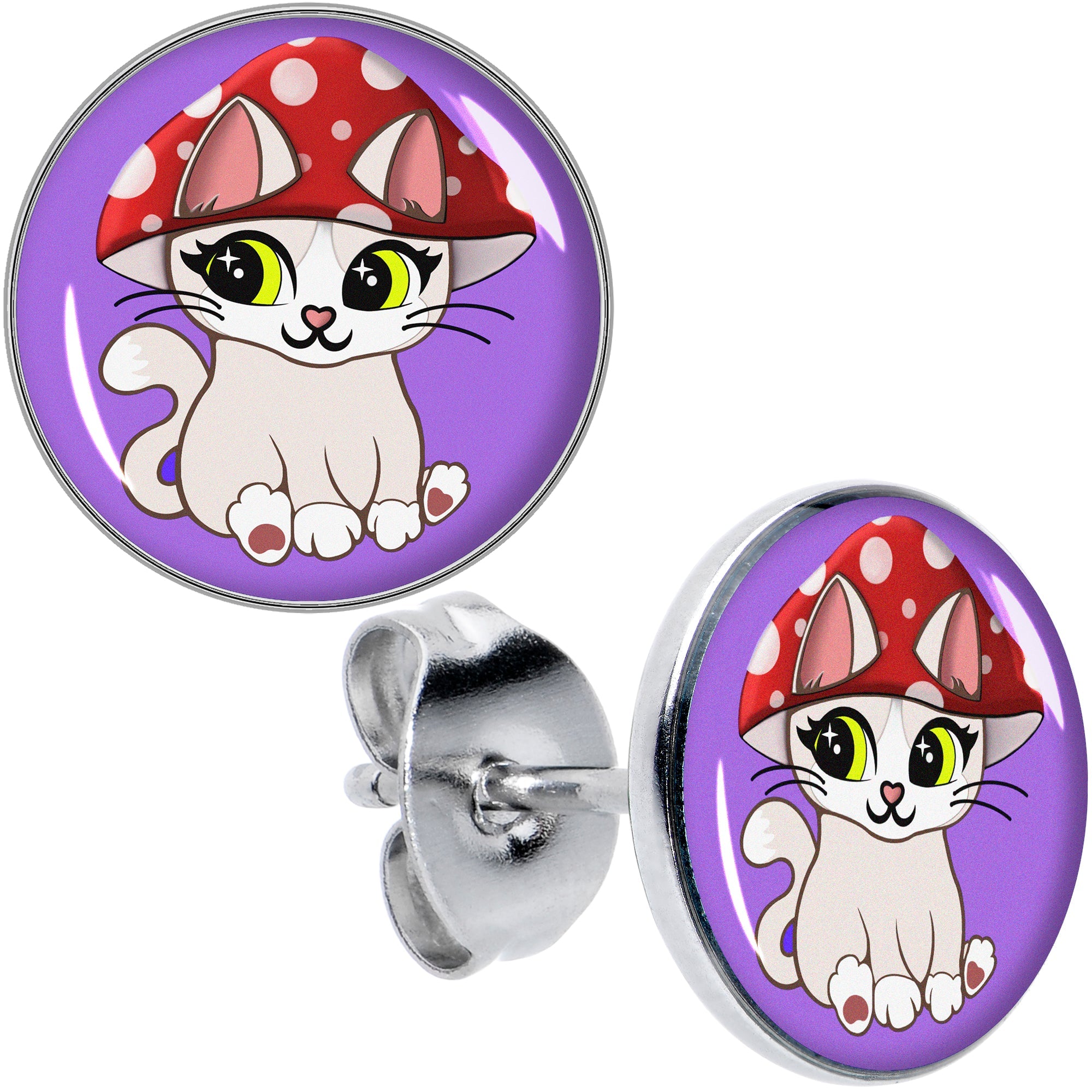 BodyCandy Polka Dot Mushroom Hat Cat Stud Earrings by Onyx O — main product shot