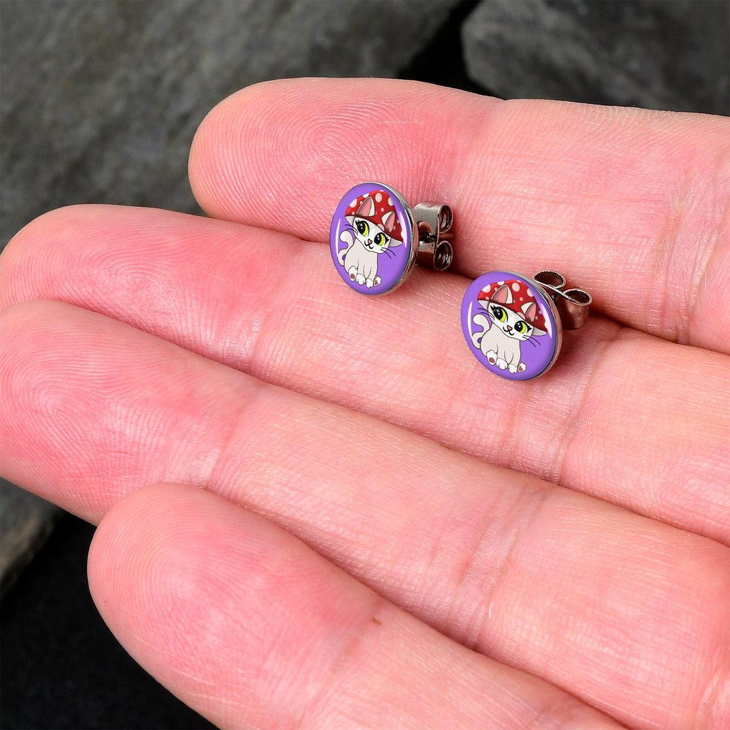 BodyCandy Polka Dot Mushroom Hat Cat Stud Earrings by Onyx O — detail close-up