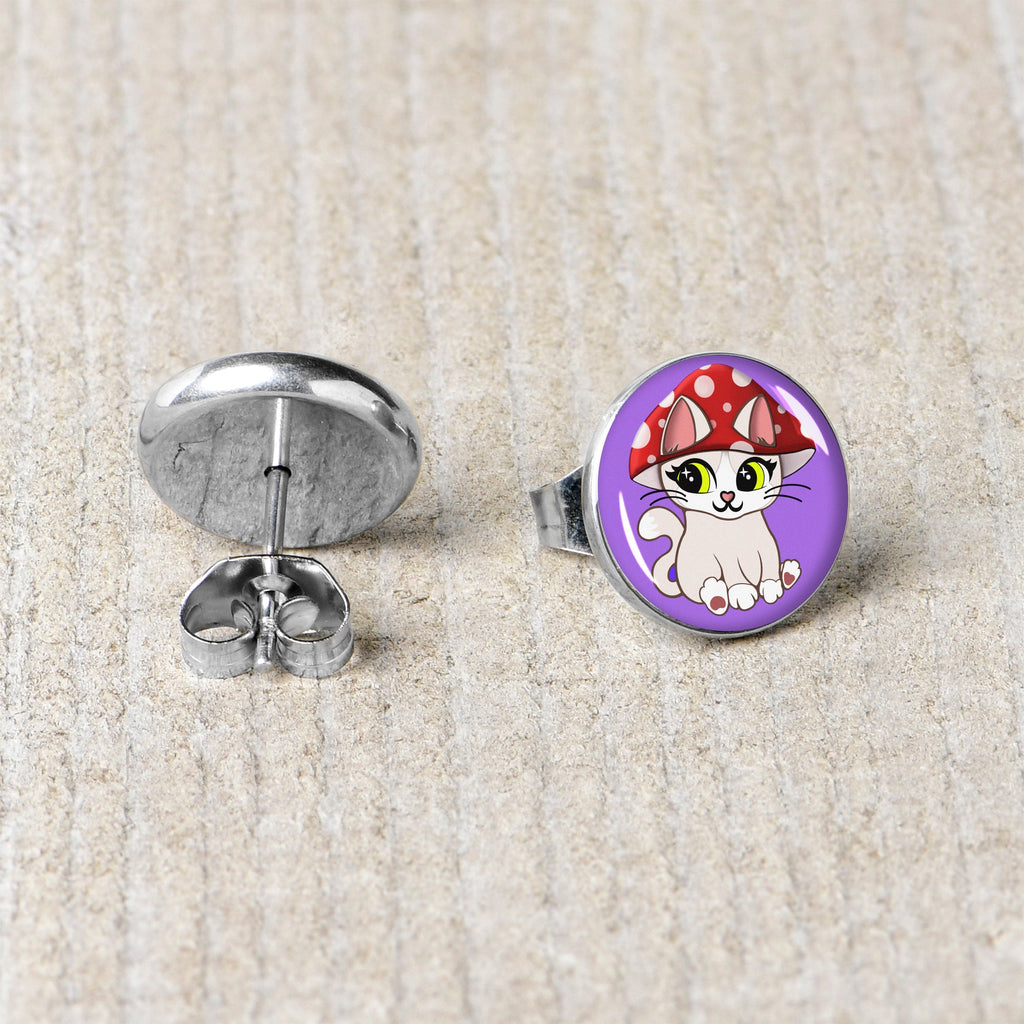 BodyCandy Polka Dot Mushroom Hat Cat Stud Earrings by Onyx O — back view