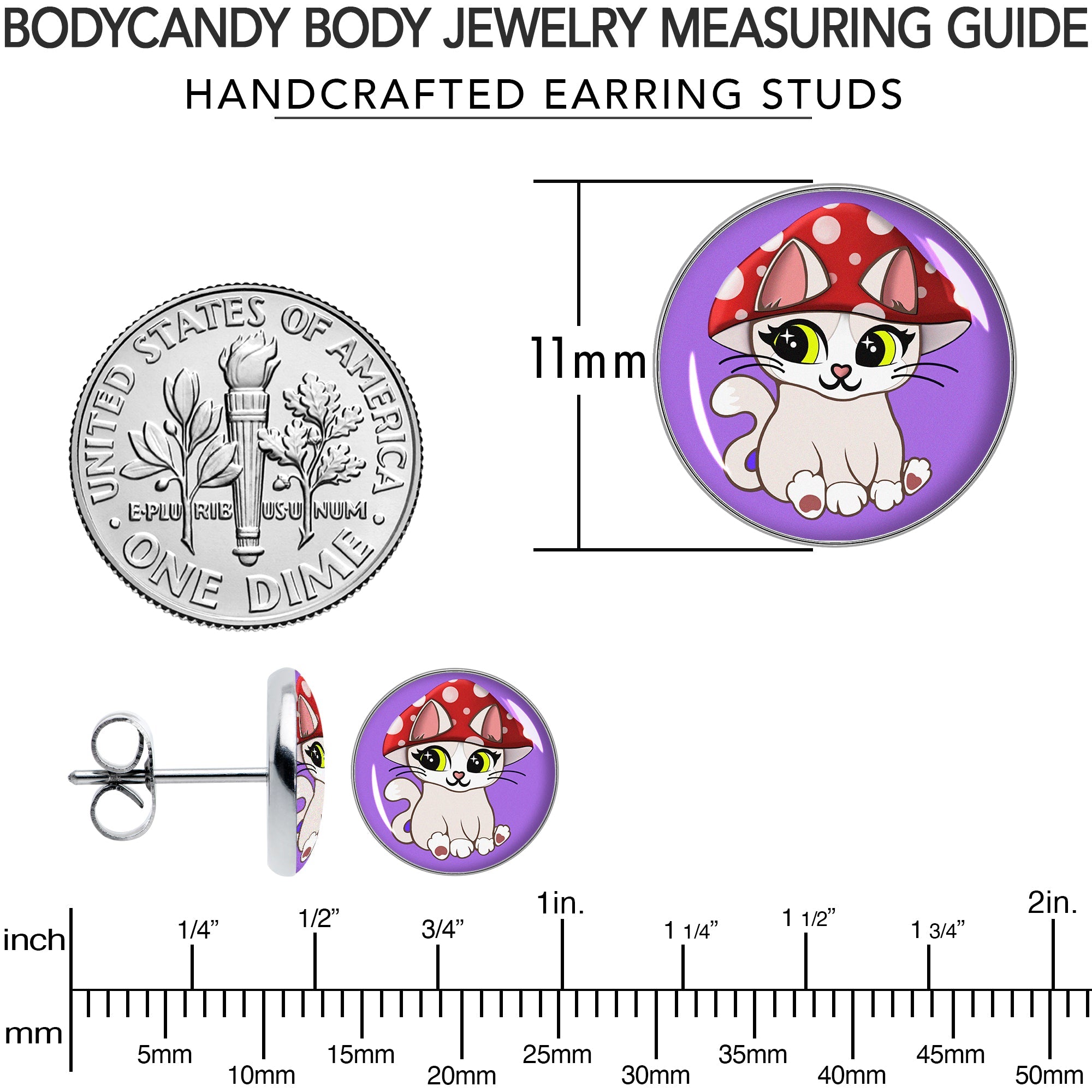 BodyCandy Polka Dot Mushroom Hat Cat Stud Earrings by Onyx O — alternative angle