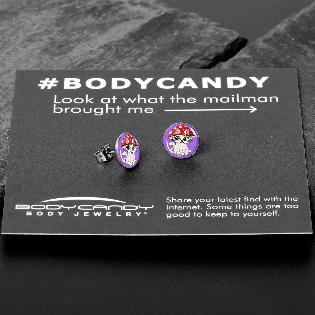 BodyCandy Polka Dot Mushroom Hat Cat Stud Earrings by Onyx O — in-use photo