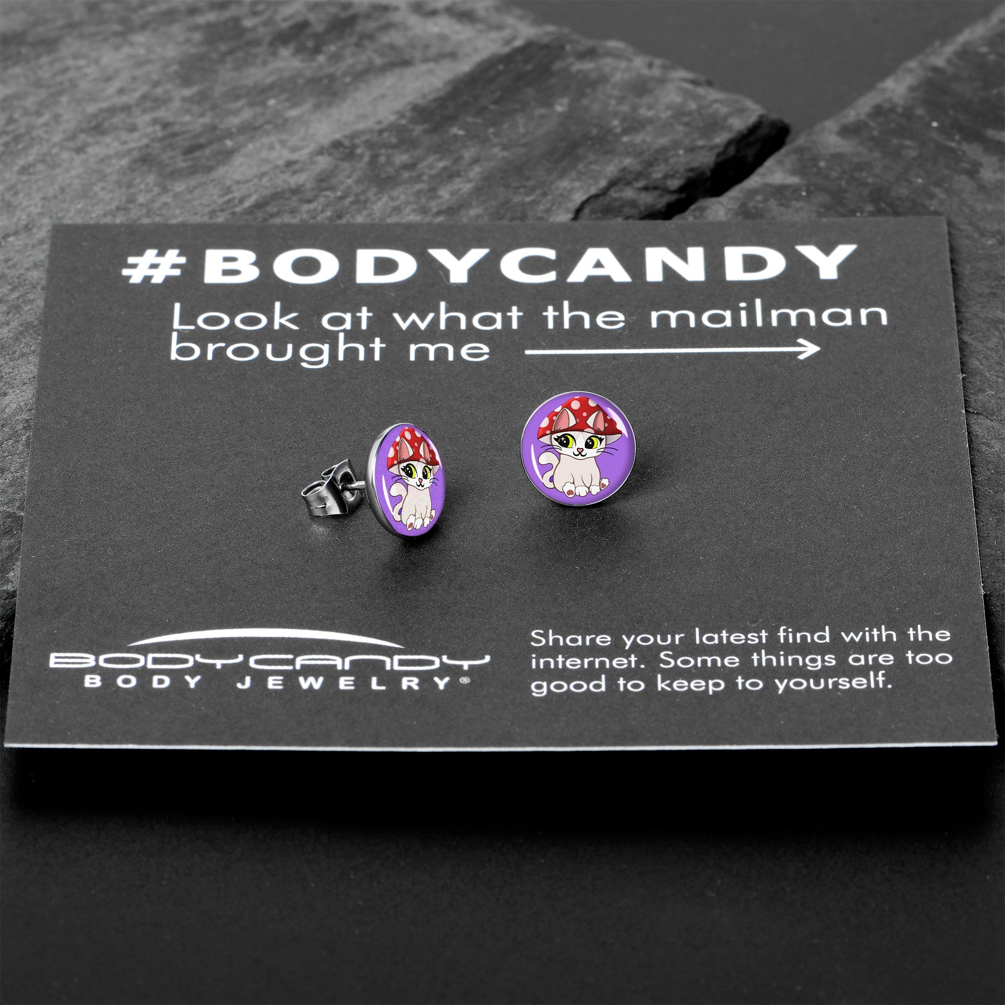 BodyCandy Polka Dot Mushroom Hat Cat Stud Earrings by Onyx O — in-use photo