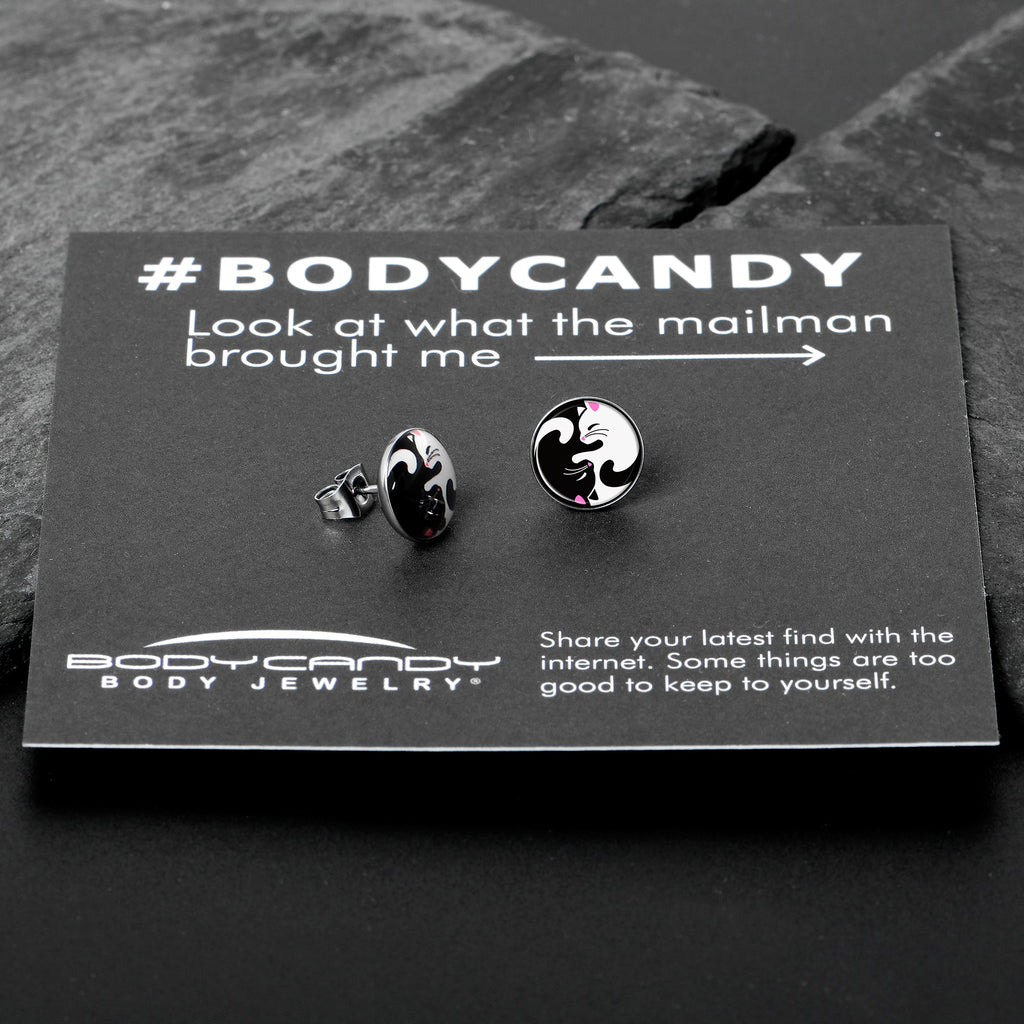 BodyCandy Cute Kitty Cat Yin Yang Stud Earrings by Onyx O — in-use photo