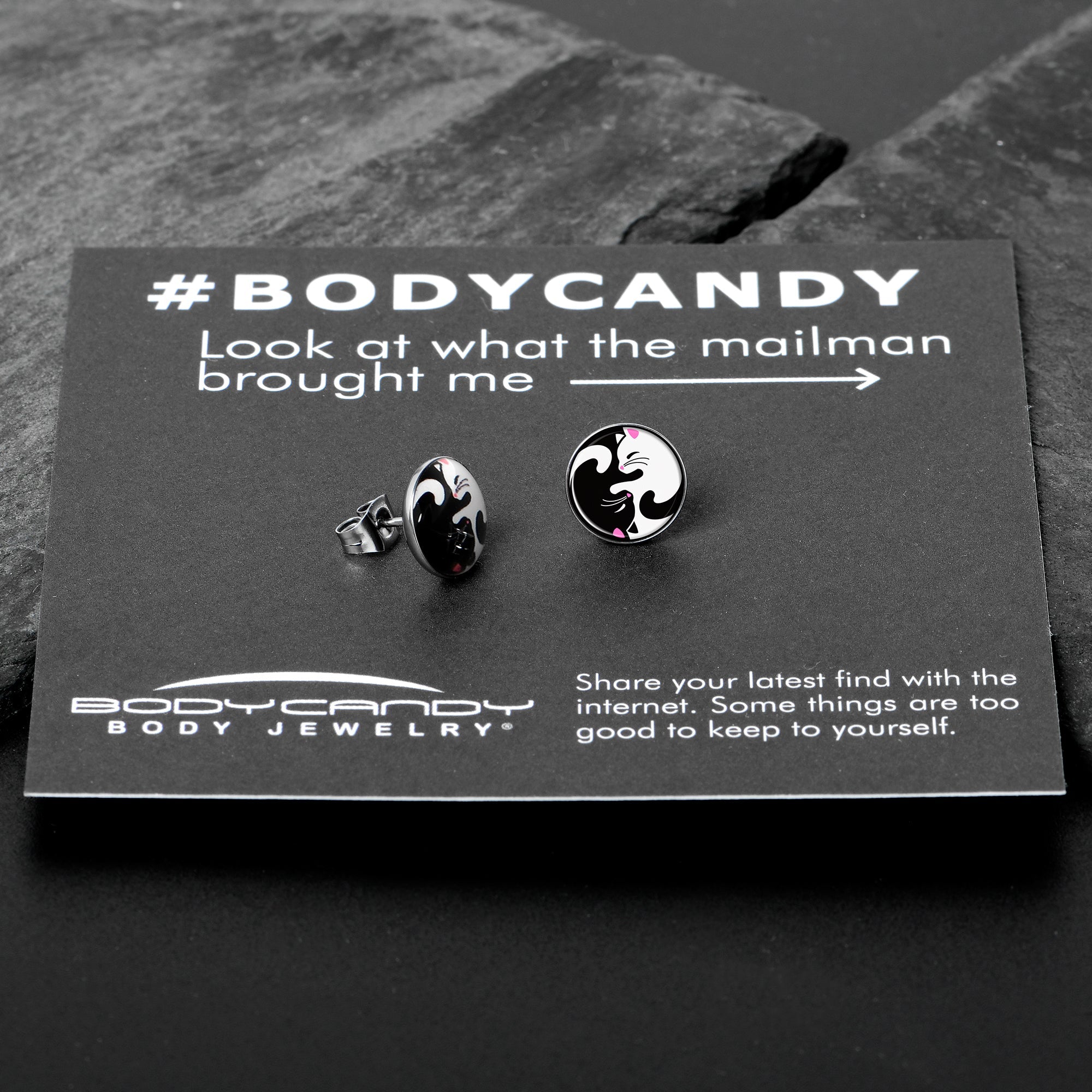 BodyCandy Cute Kitty Cat Yin Yang Stud Earrings by Onyx O — in-use photo