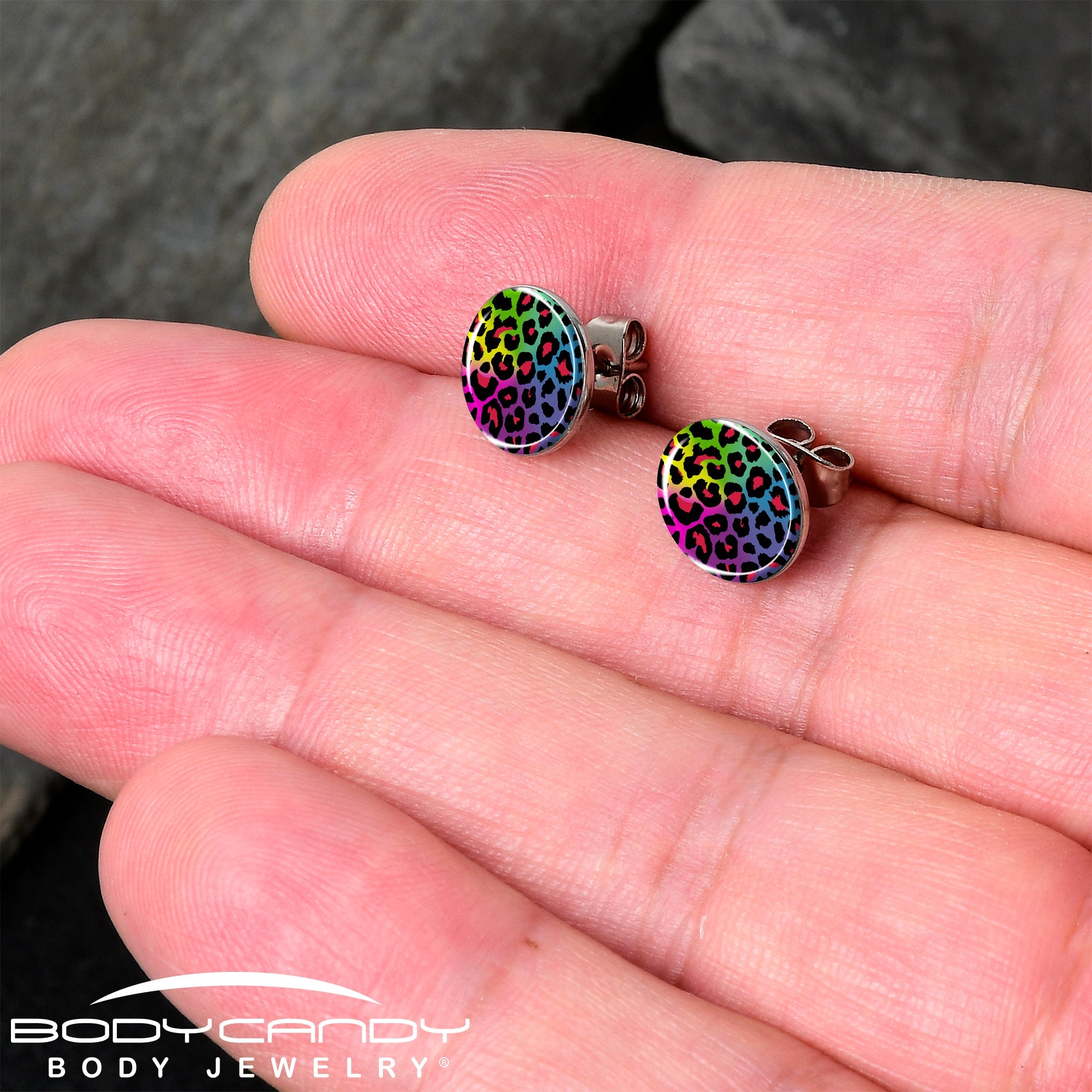 BodyCandy Rainbow Cheetah Print Stud Earrings by Onyx O — detail close-up