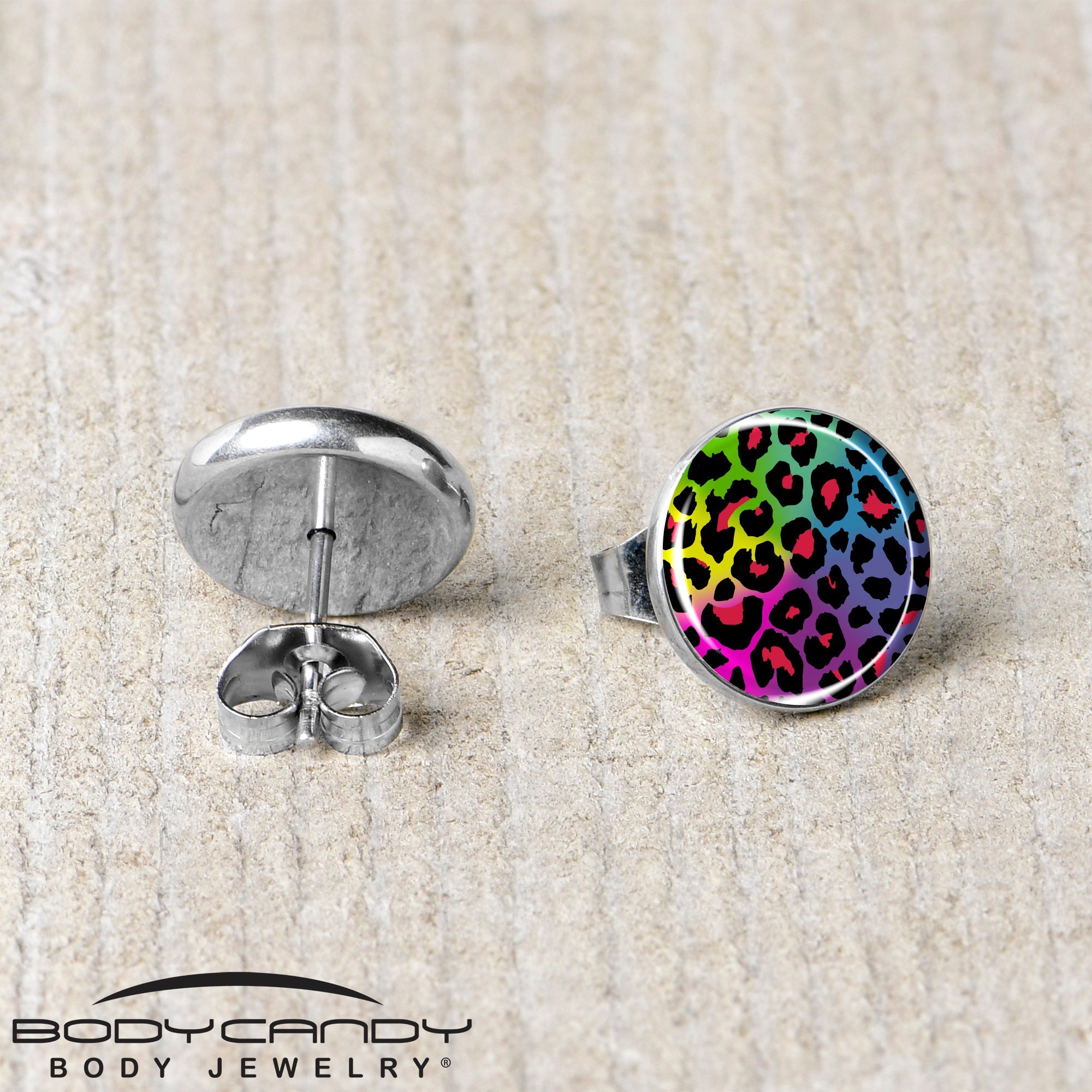 BodyCandy Rainbow Cheetah Print Stud Earrings by Onyx O — back view