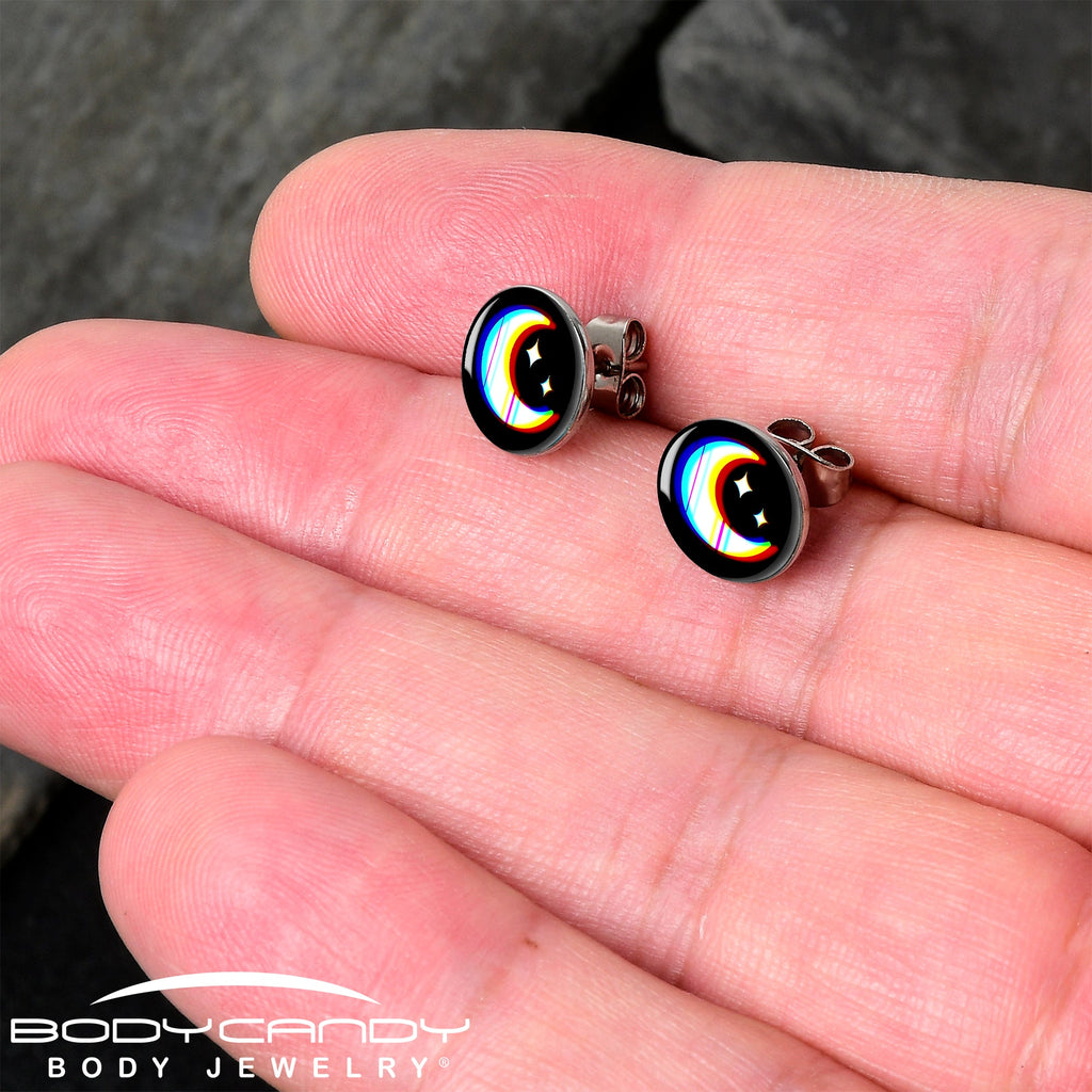 BodyCandy Chromatic Moon Stud Earrings by Onyx O — detail close-up