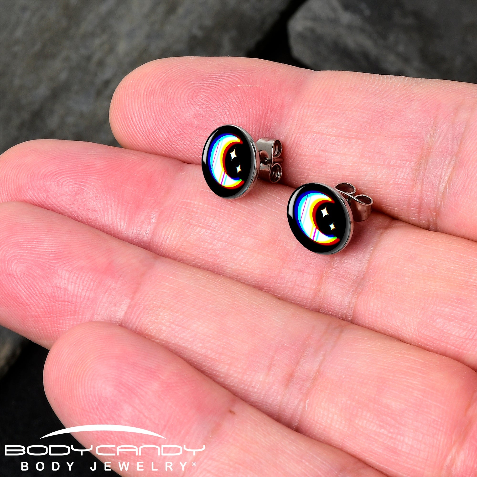 BodyCandy Chromatic Moon Stud Earrings by Onyx O — detail close-up