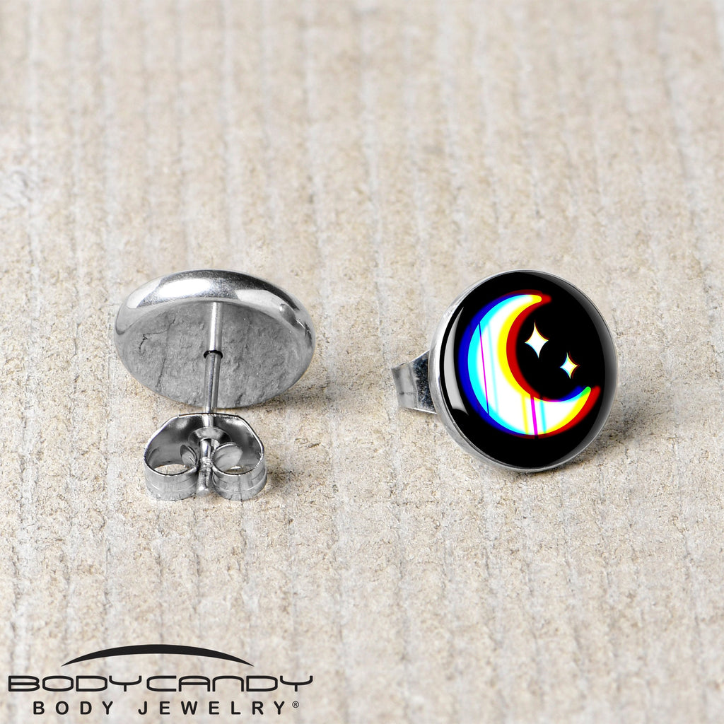 BodyCandy Chromatic Moon Stud Earrings by Onyx O — back view