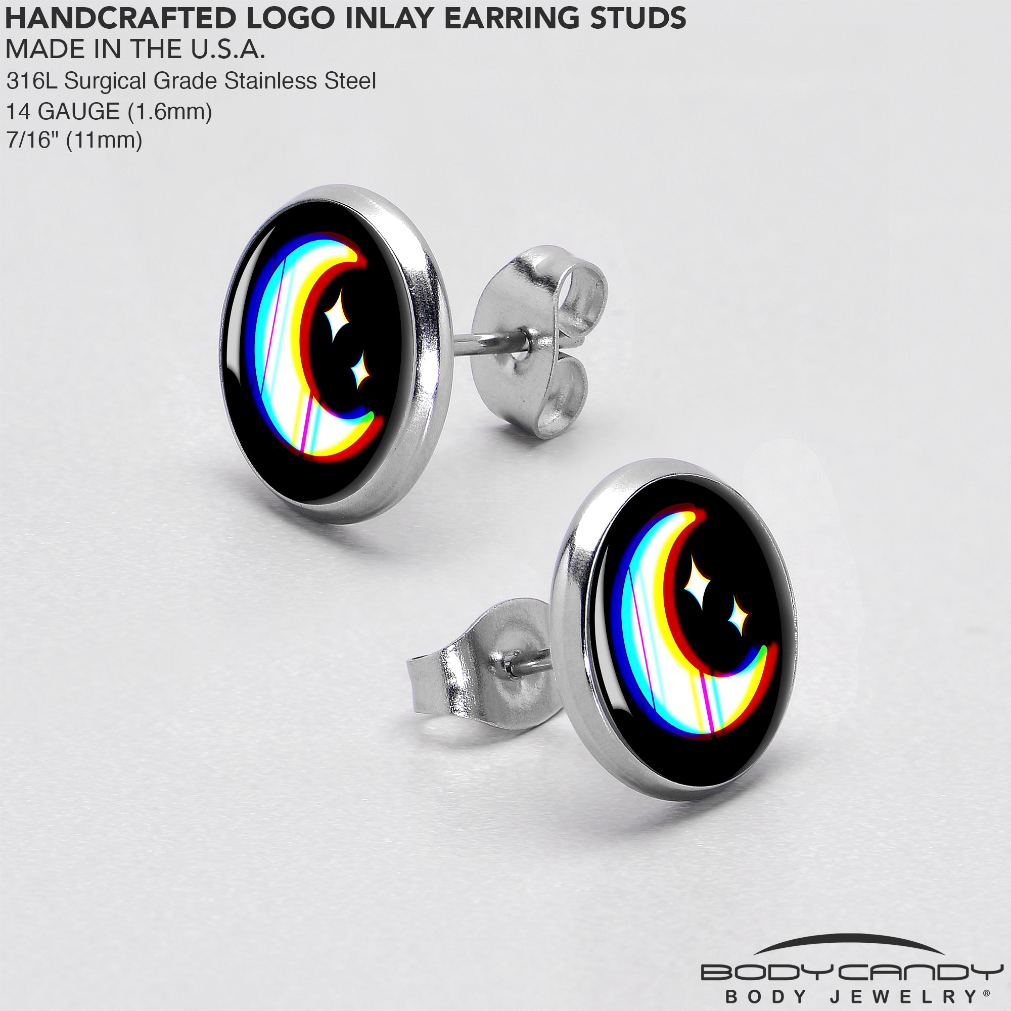 BodyCandy Chromatic Moon Stud Earrings by Onyx O — in-use photo